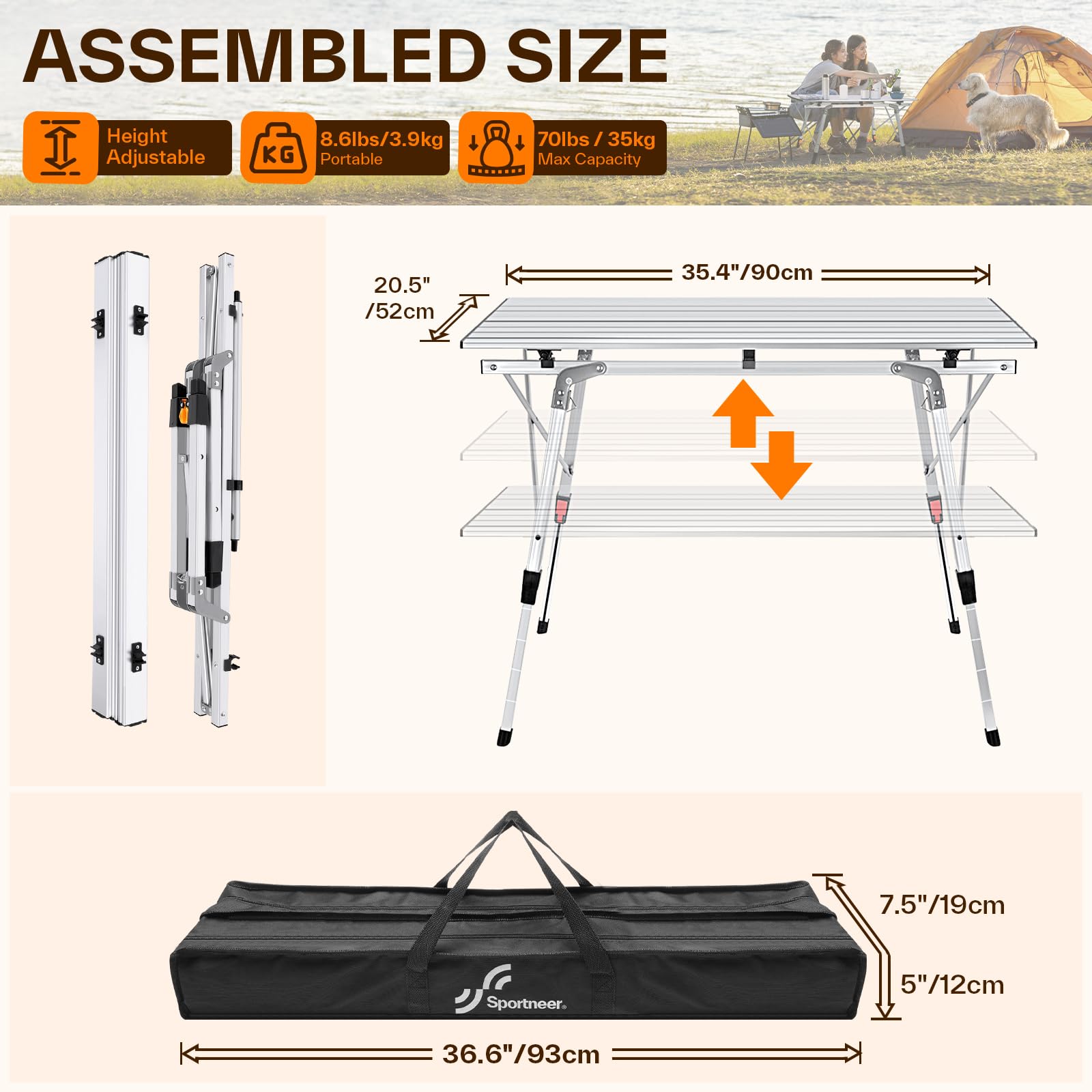 Sportneer Klapptisch Campingtisch für draußen:Tragbarer Picknicktisch mit Verstellbarer Höhe, Klappbarer Campingtisch mit aufrollbarer Aluminium Tischplatte zum Zelten Camping Garten Küche,Silber