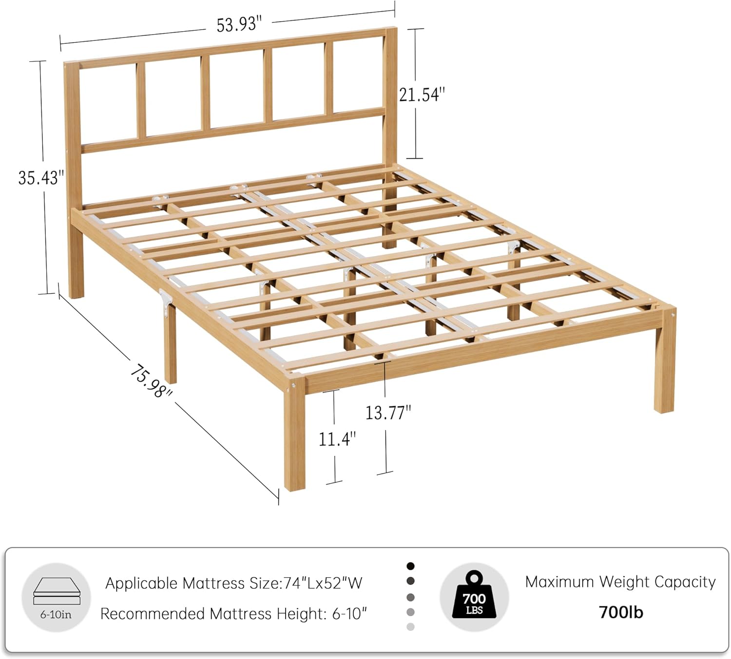 14 Inch Bamboo Bed Frame – Solid Wood Platform Bed Frame, Strong and Stable, with Non-Slip Slats for Support, No Box Spring Needed, Easy to Assemble, Noise-Free (Natural, Full with Headboard) - Image 2