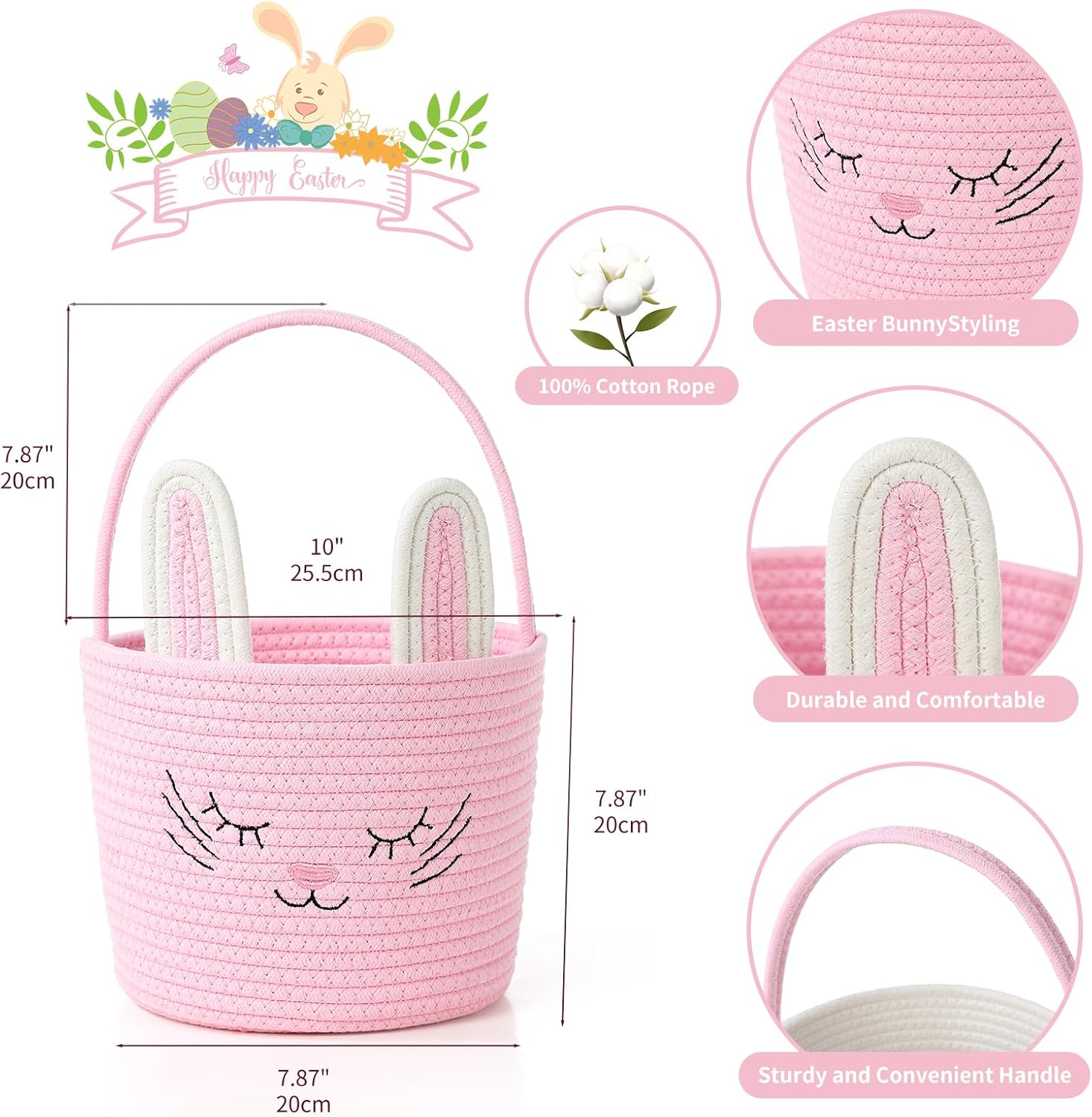 Easter Basket with Handle Woven Baby Gifts Empty Bunny Basket For Girls Boys Kids Gift Baby Shower Wedding Flower (Pink)