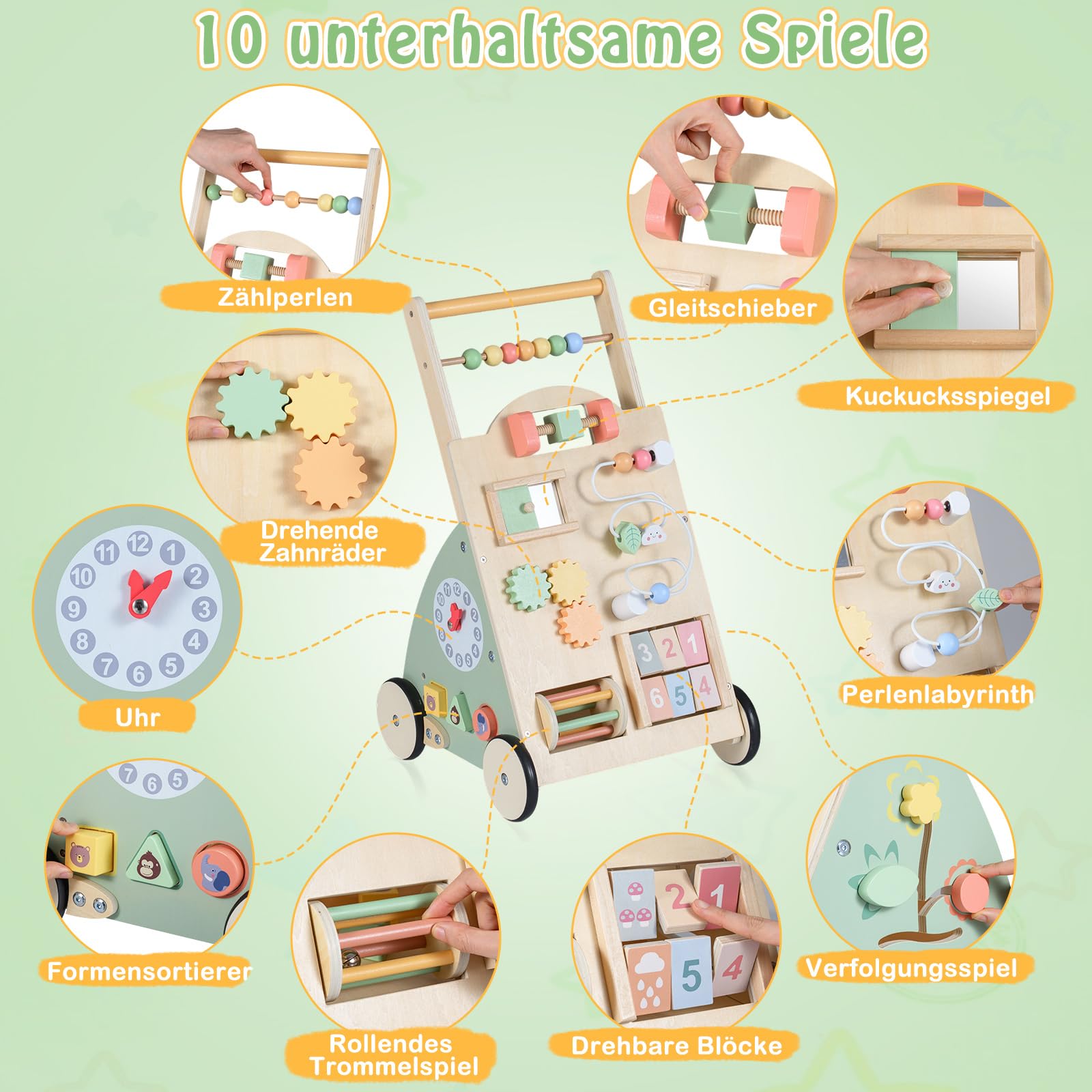 COSTWAY Baby Lauflernwagen Holz, Lauflernhilfe mit Activity Board, Rädern & Aufbewahrungskorb, Laufwagen, Montessori Lauflernspielzeug & Aktivitätszentrum für Kinder ab 1 Jahr