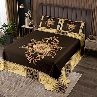 Vinatge - Juego de colcha floral para niños y niñas, colcha tradicional para niños, diseño de flores retro, colcha acolchada color amarillo y marrón, decoración de habitación individual