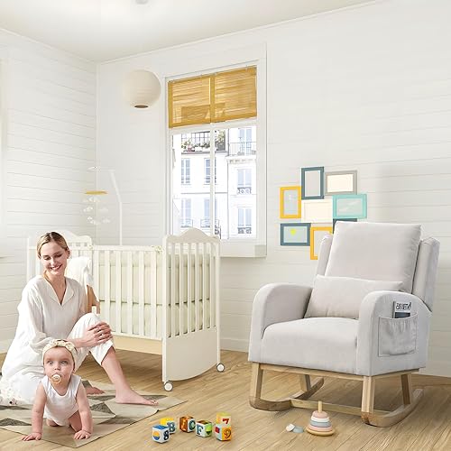 Miniatura 7 de Silla mecedora para guardería, silla basculante con respaldo alto tapizada con respaldo alto con bolsillos laterales, sofá individual moderno de