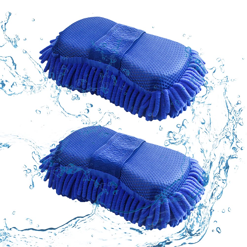 QSXX 2 Pcs Chenille Wash Glove With Elastic Strap - Lint-Free Car Wash Sponge Mitt, Microfiber Car Cleaning Tool - Blue