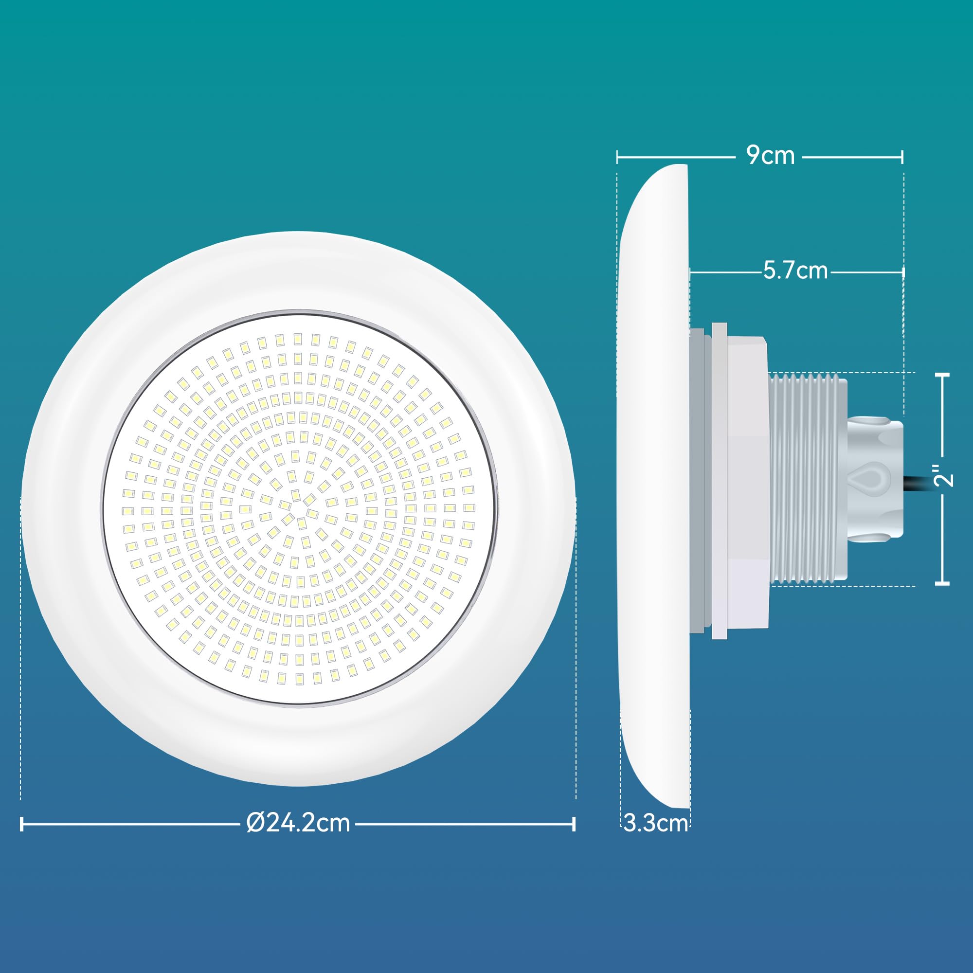 Luci Piscina LED con Filettatura 2", 18W Lampade Piscina 6000K Non Dimmerabile, 1800lm, Ø242mm, 12V AC/DC IP68 Impermeabile Riempito di Resina Faro Sommergibile per Piscine Fuori Terra Acciaio