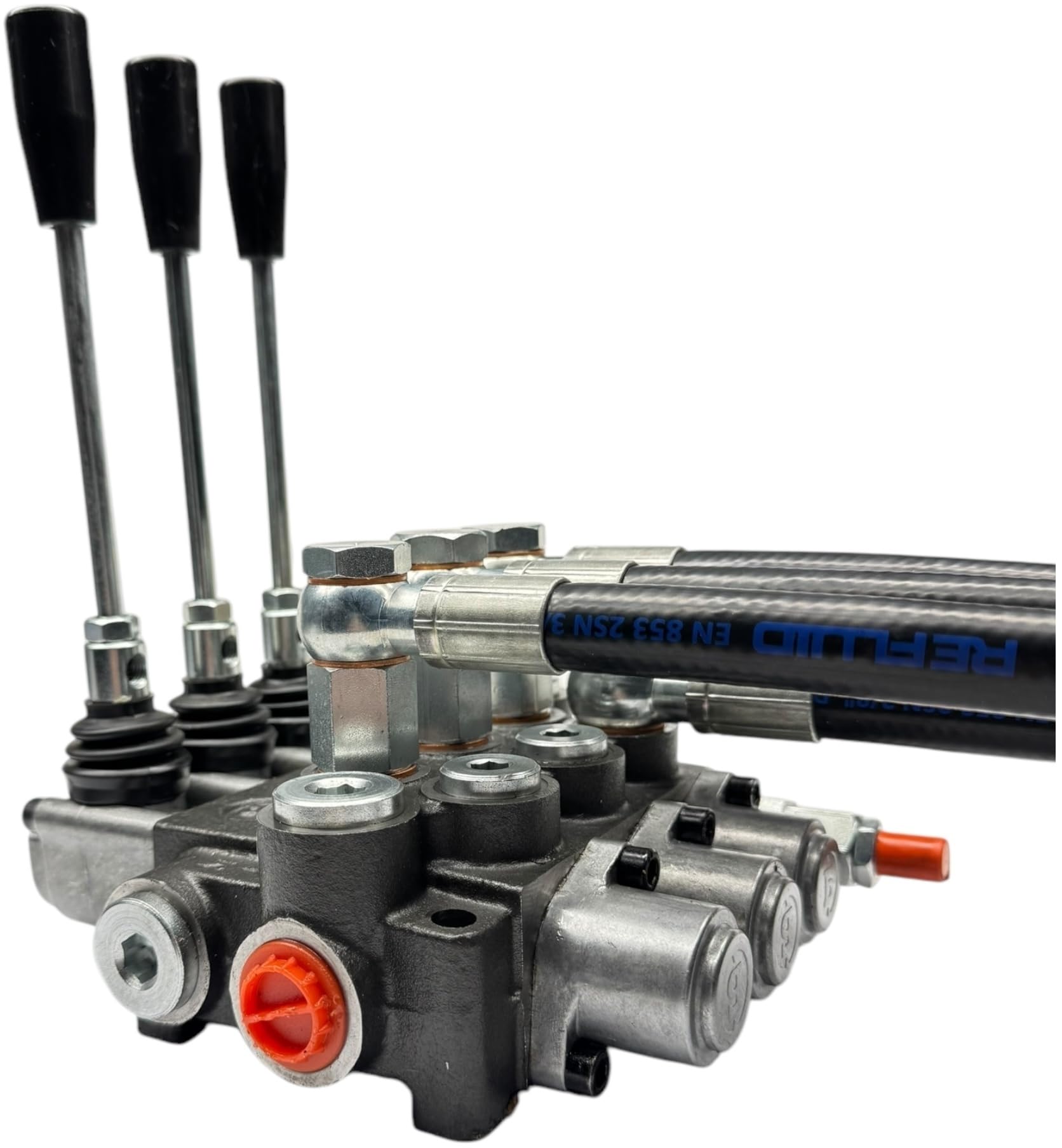 Distributore oleodinamico per trattore 3 leve - 1 doppio effetto 2 semplice effetto 3/8" completo di tubi e innesti rapidi push pull