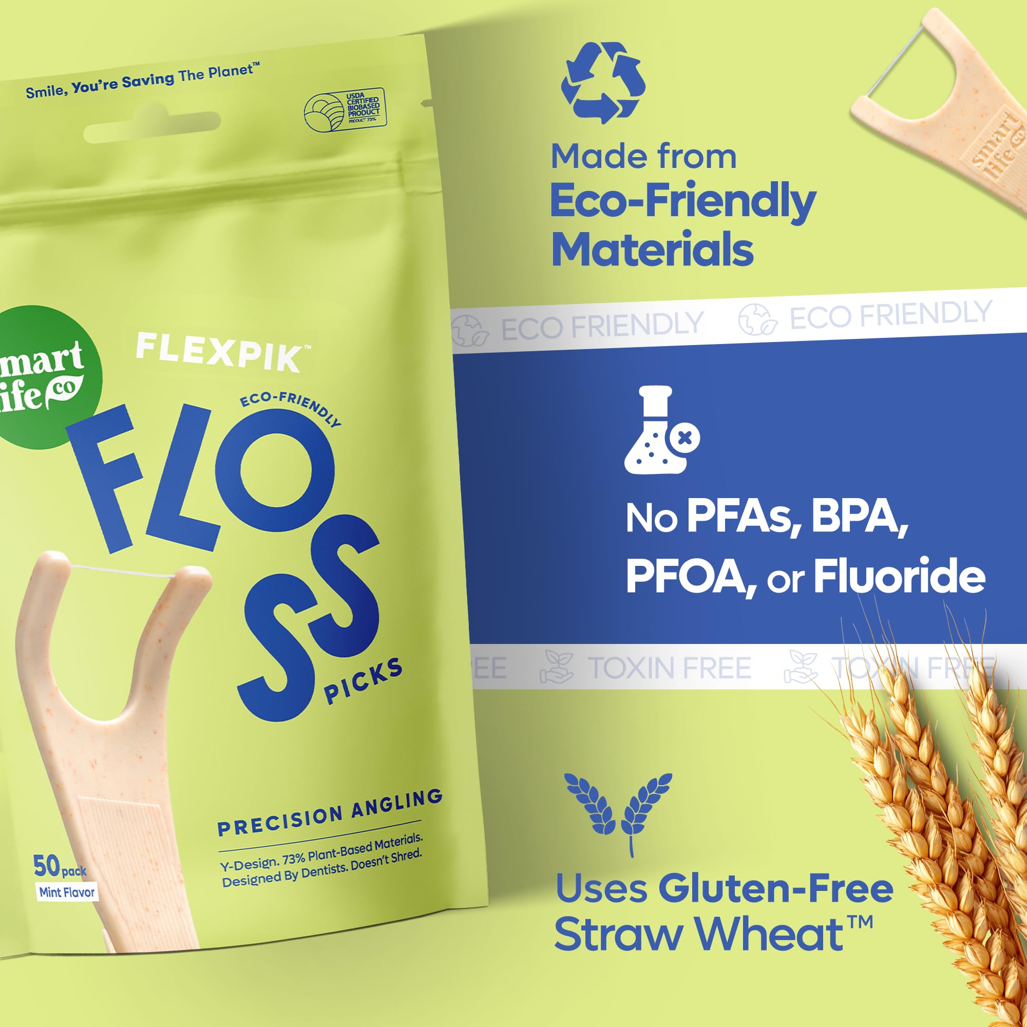 SmartLifeco Biologisch abbaubar* Abgewinkelte Zahnseide-Plektren – Dünnfaden-Zahnseide für Rückenzähne und Backenzähne, umweltfreundlicher Griff, Zahnstocher weich auf Zahnfleisch und Zähnen