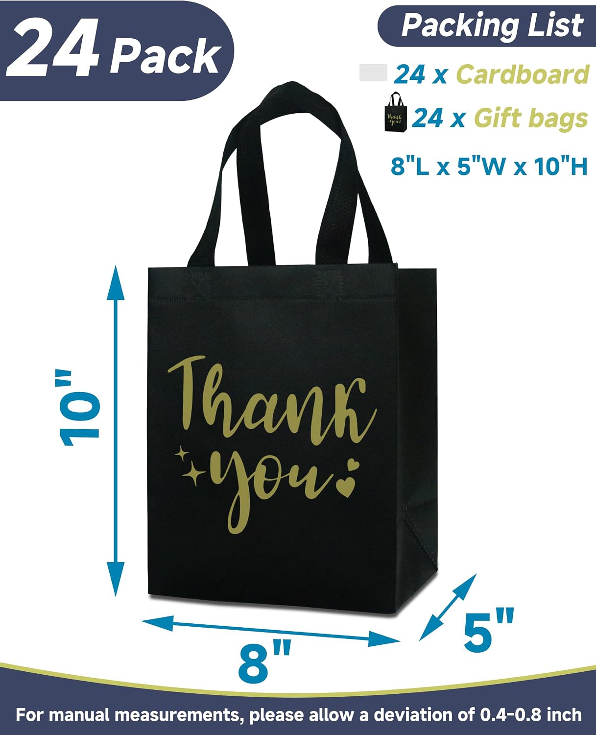24 Black Thank You Gift Bags - Sturdy, Reusable, Medium 8x5x10 with Handles, Non-Woven for Weddings, Teachers, Father's Day, Parties, Birthdays & Graduations image 2