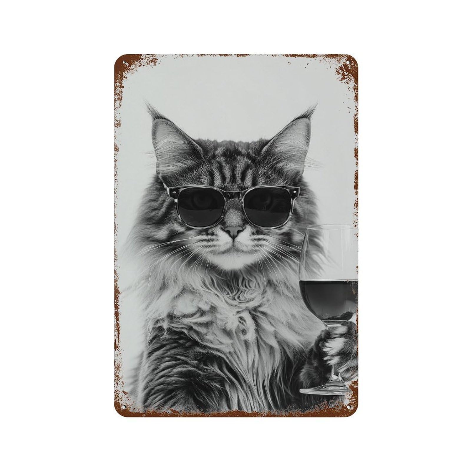 xiaoxiaoshen Maine Coon Cat Drinking Wine Wall Art Wall Decor Art Metal Tin Poster Modern Home Decor Art Home Bar Shop Decorations Vintage Sign 30x20cm