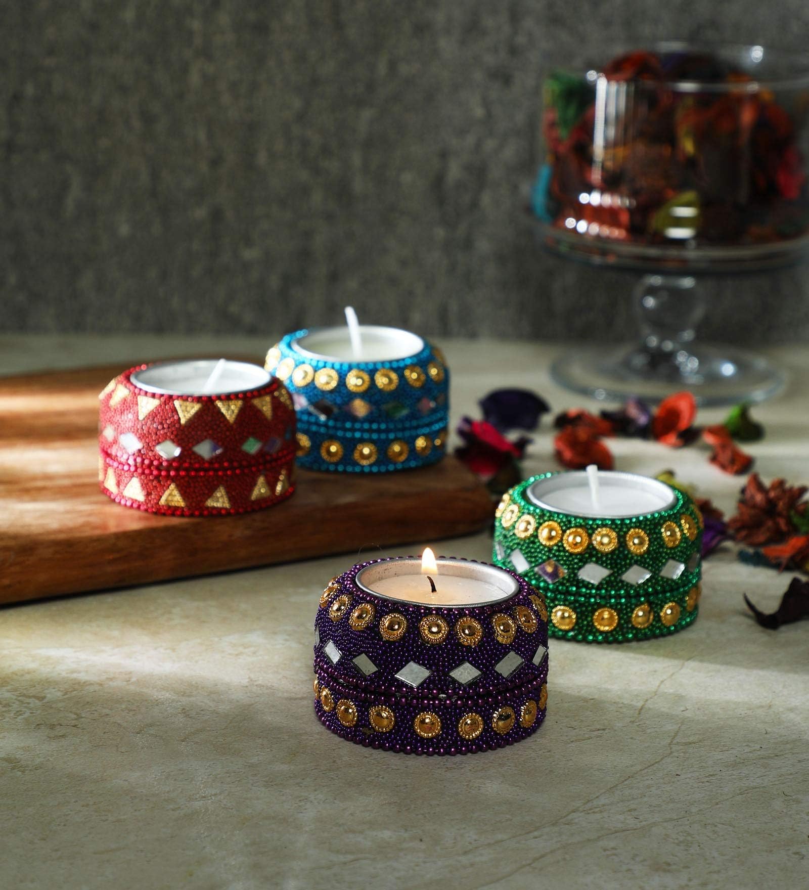 Itiha Set of 12 Meenakari Tea Light Candle Holders for Diwali and Puja -Multicolour