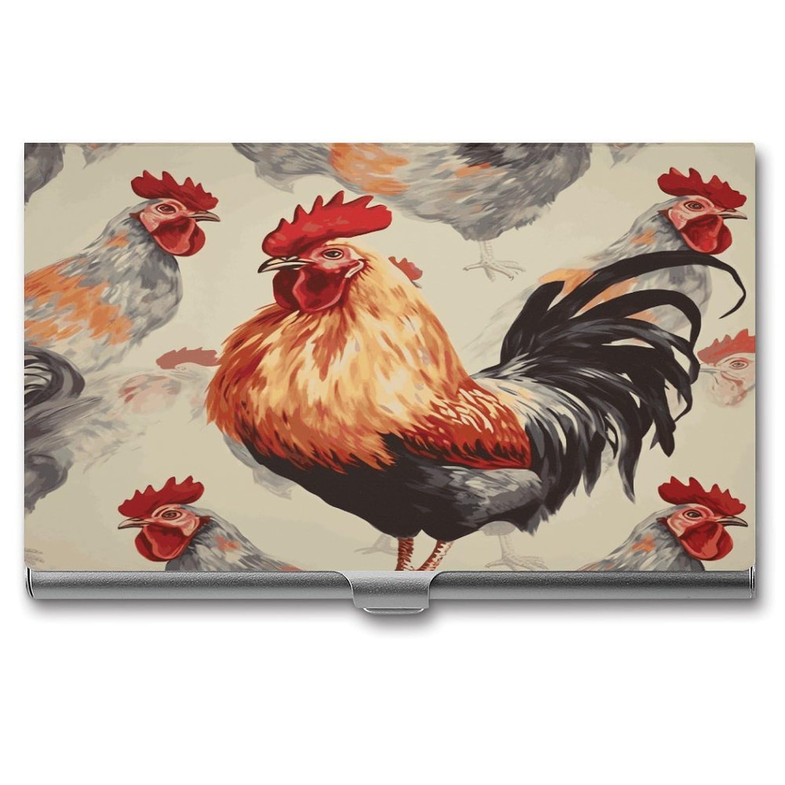 Vstadank Unisex Style Animal Art Chicken Painting Business Card Holder Slim Name Cards Holder Aluminum Alloy Flip Cover Credit Cards Wallet Pocket Metal Case Professional Metal Business Card Case For Work