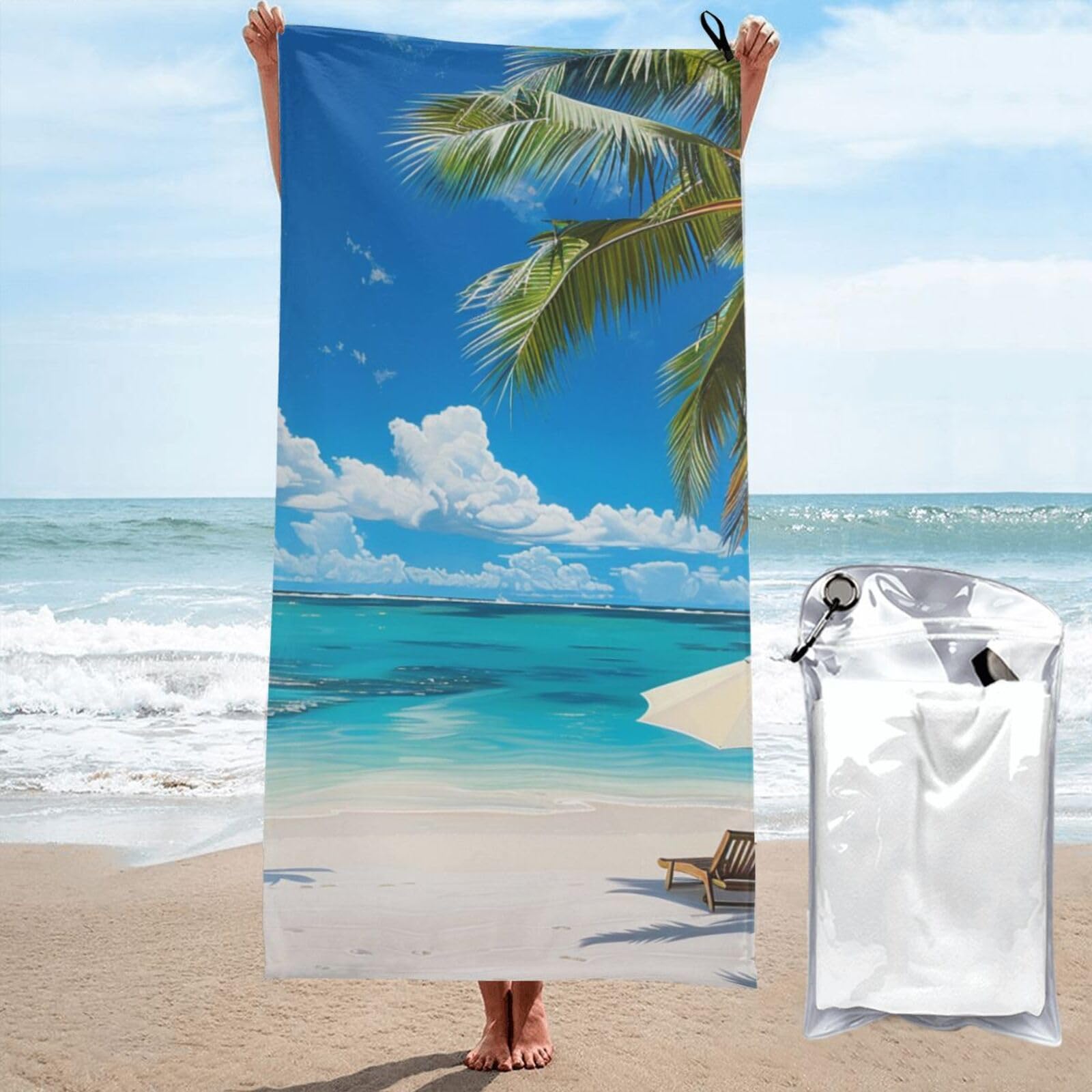kkvhhyuo Microfiber Beach Towel, White Beach Tropical sea Printed Lightweight Quick Dry Travel Bath Sheet with Compact Carry Bag for Swimming Yoga Camping Gym,31.5"x63"