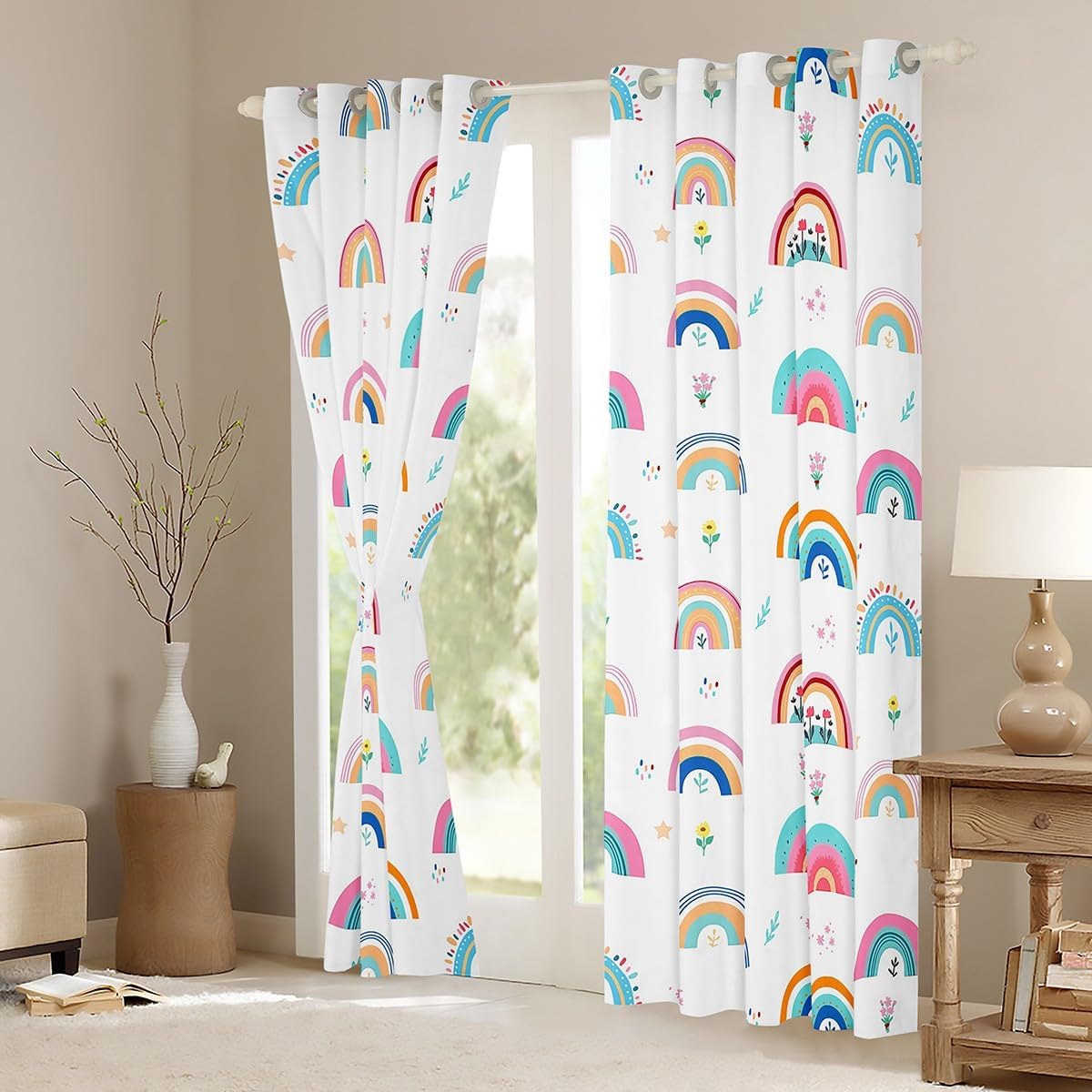 Rainbow Curtains Kawaii Curtains & Drapes 2 Panels 52"Wx63"L,Watercolor Floral Colorful Flowers Window Curtain,Minimalism Sketch Cute 30%-50% Room Darkening Curtains With Grommets for Bedroom image 4