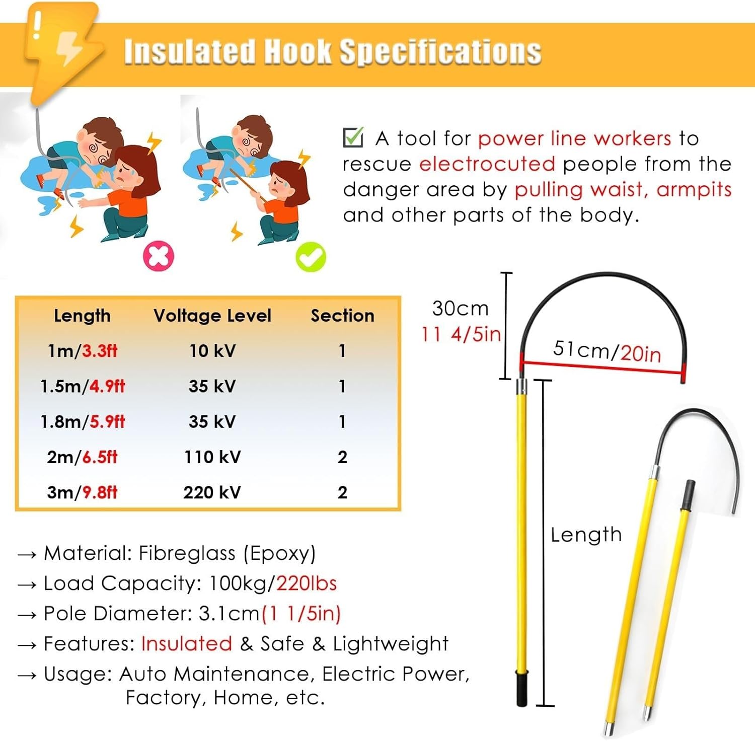 High Voltage Insulated Rescue Hook - 9.8ft Lightweight Electrical Safety Pole for Power Stations, Factories & Auto Maintenance - 220lbs Load Capacity, Life-Saving Tool