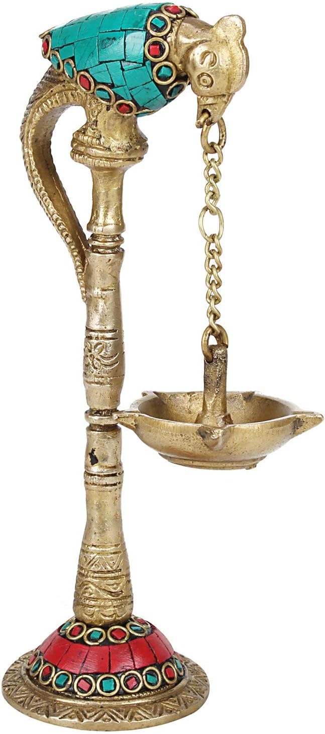 PARIJAT HANDICRAFT A Pair of Bird Brass Diya for Puja Room Large Size Parrot Oil Diya Hanging in Chain from Beak in Colored Stone Feng Shui Gift Puja