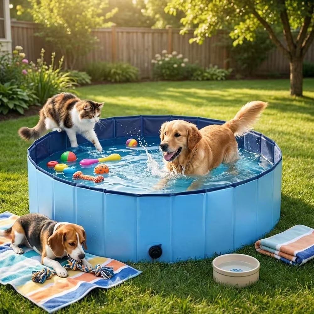 Hundepool Faltbar 120cm Höhe 30cm Hundebadewanne mit Ablauf aus Kratzfestem PVC-Material Anti-Rutsch-Belag