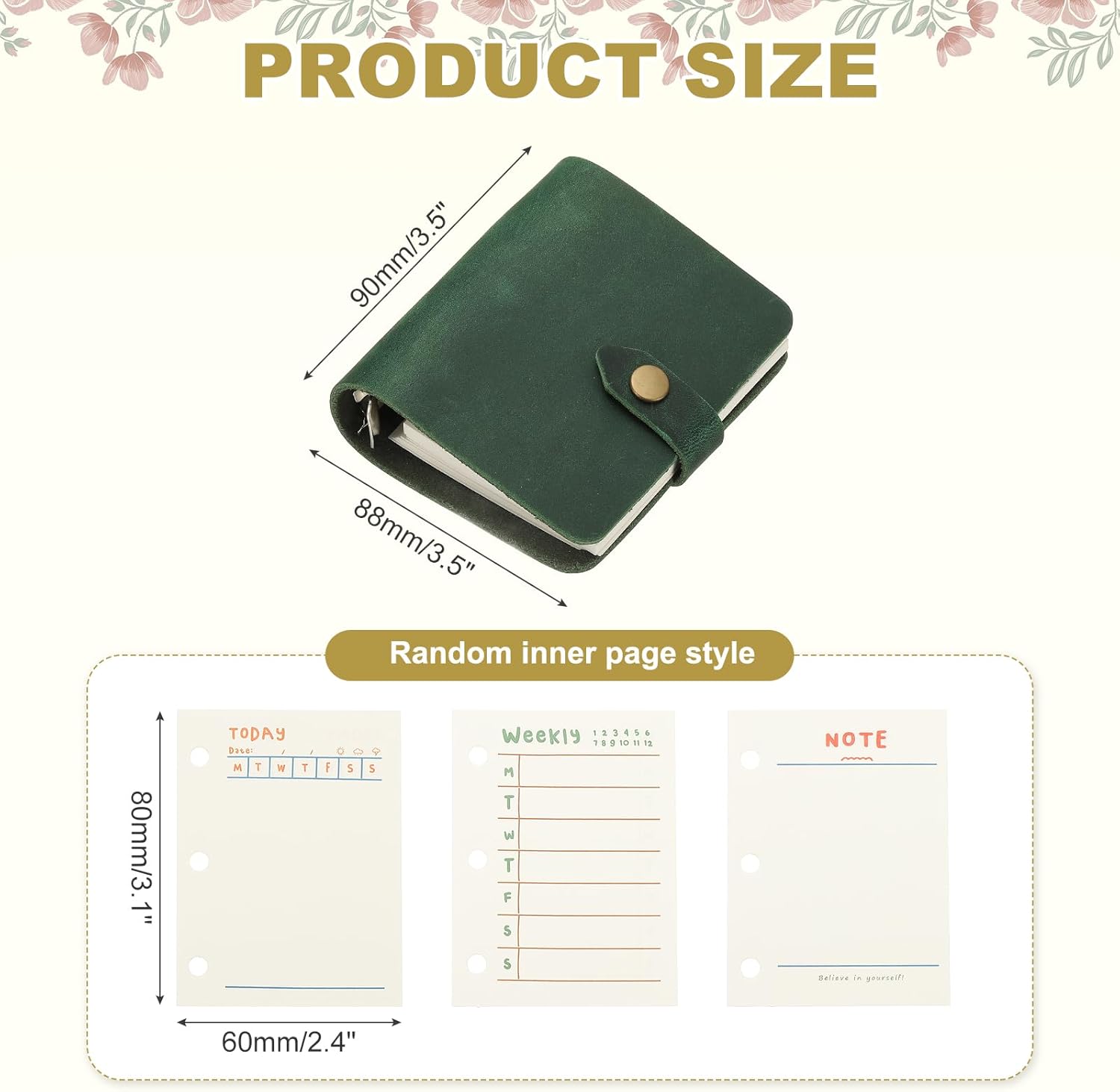 PATIKIL A9 Genuine Leather Journal, 3 Ring Notebook Binder Planner Loose Leaf 60 Sheets Paper Refillable for Business Office Study Writing with Snap Button, Green - Image 2