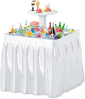 Haddockway Two-Tier Ice Cooler Table, Square Ice Tables for Parties with Drain, Removable Matching Skirt & Rounded Tray, Folding Outdoor Cooler Table for Picnic, Camping, Fishing, Wedding