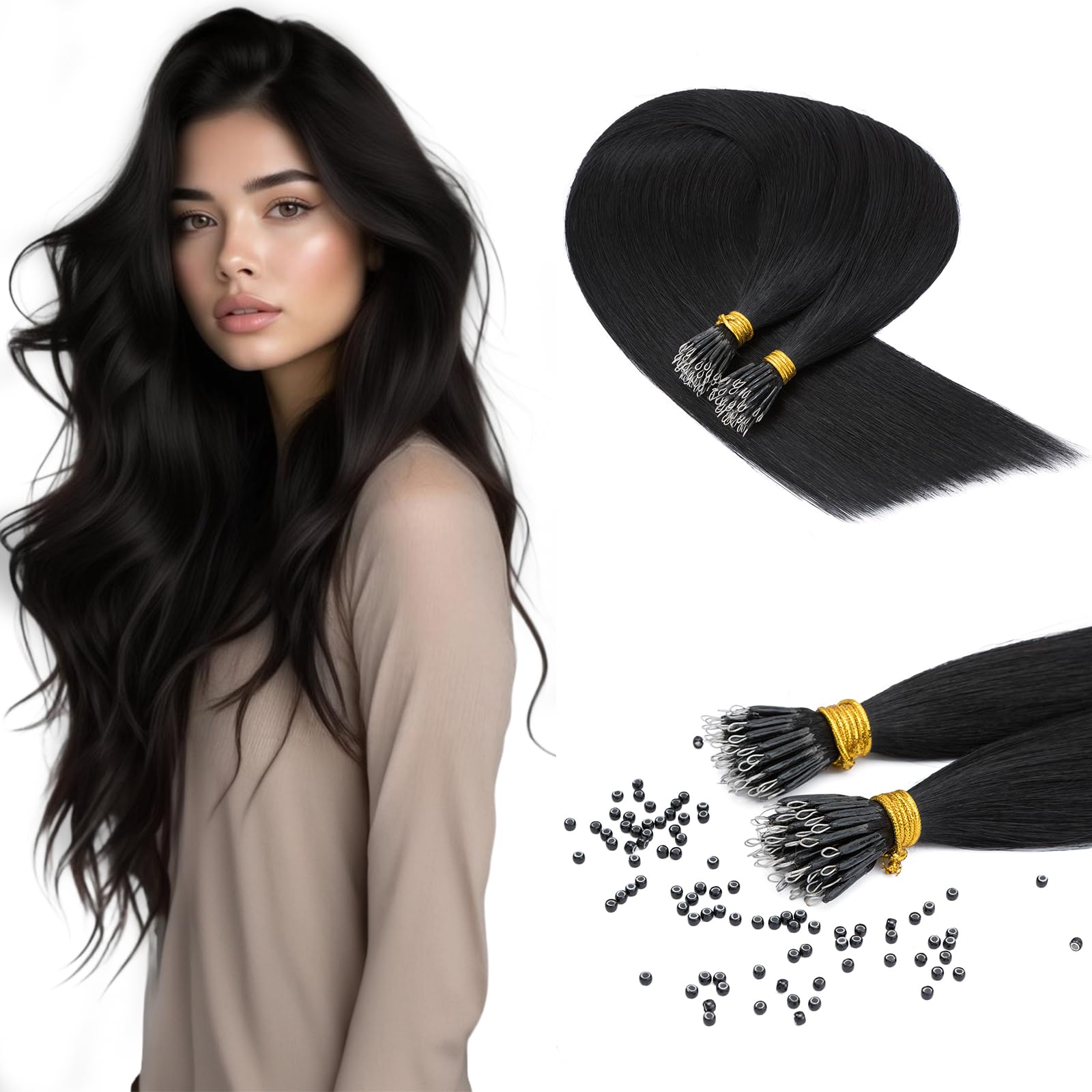 Benehair Nano Loop Hair Extensions Soft Invisible Straight Real Remy Human Hair #1 Jet Black Nano Bead Extensions 50 Strands