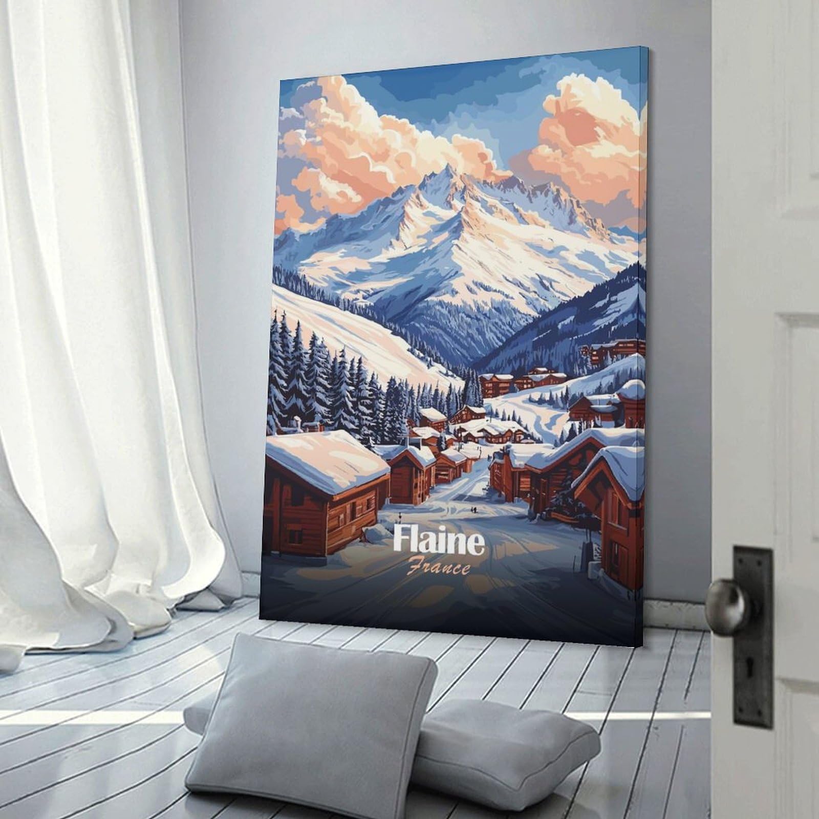 Junmoney Flaine, France Mountain Village Canvas Wall Art, 12x18inch(30x45cm), for Wall Displays, Bedrooms Or Room Updates, Ideal for Building A Coordinated Art Wall