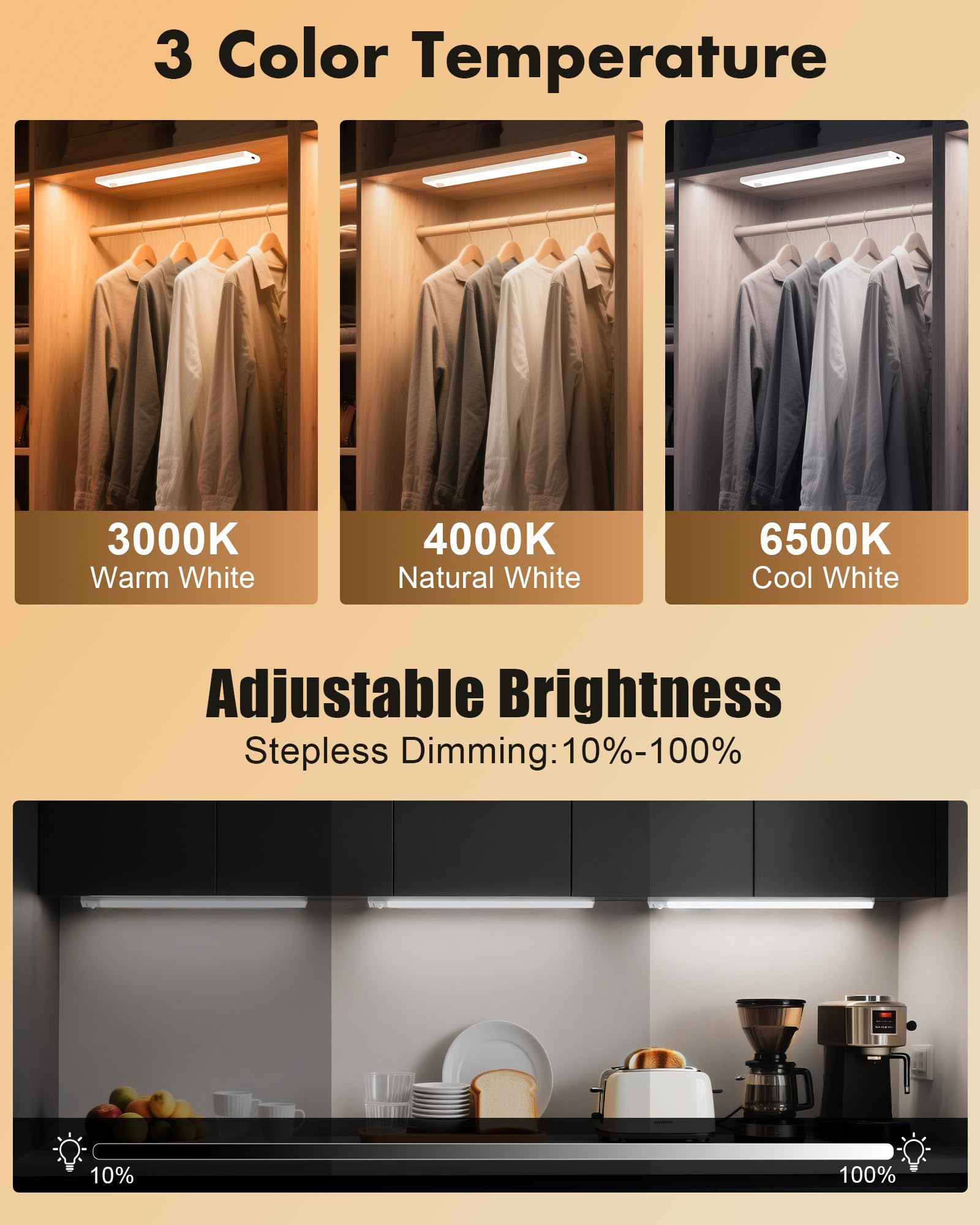 maylit Lot de 6 éclairages sous armoire, 3 couleurs de temps, détecteur de mouvement d'intérieur, lumières à piles rechargeables, barre lumineuse magnétique sans fil pour comptoir de cuisine, placard