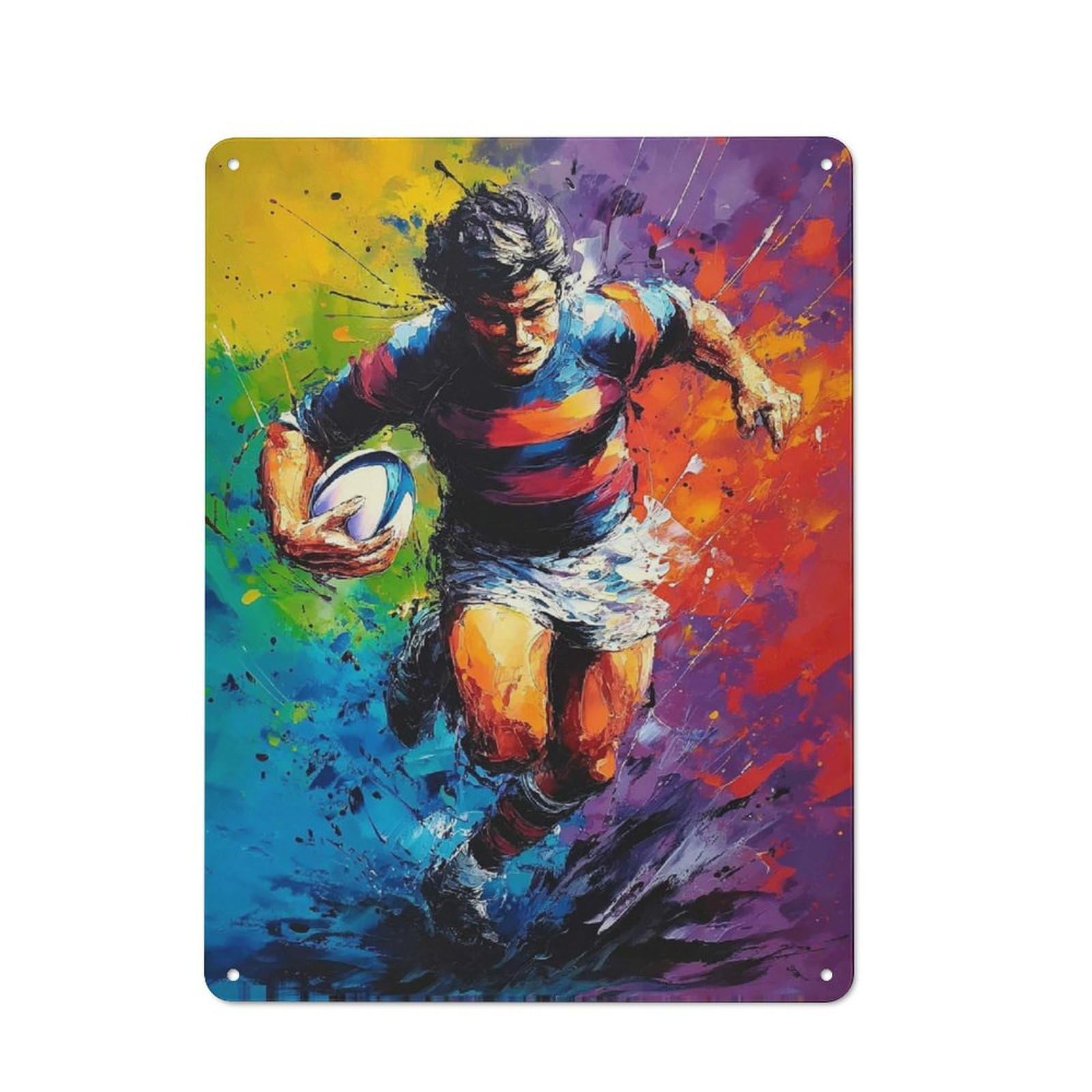Junmoney Rugby Player In Action Painting -1 Tin Wall Plaque 40X30cm With For Guest Room Or Hallway, For Hallway Wall Decor Fans