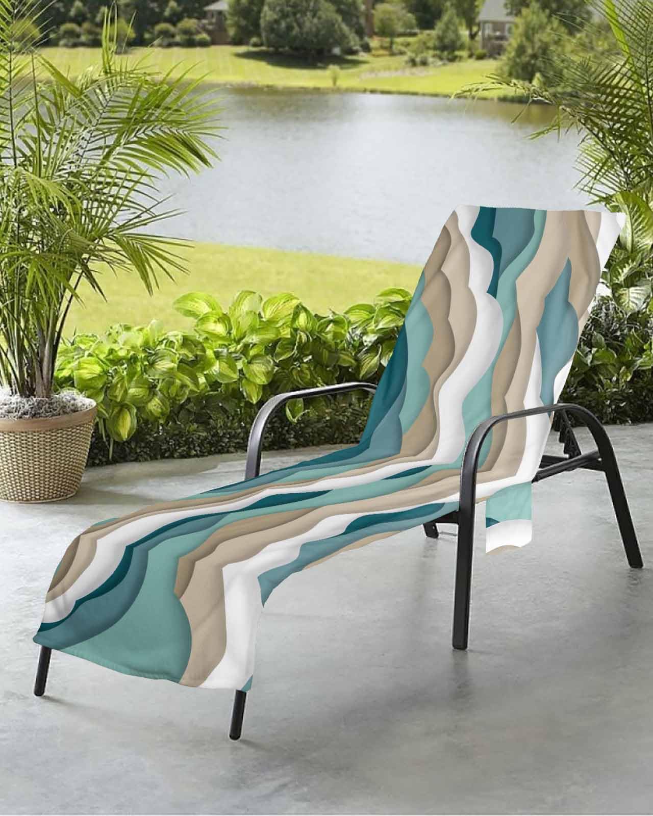 Ombre Geometric Beach Chair Towel Covers for Chaise Lounge with Side Pocket, Soft Plush Pool Towels Cover for Patio Sunbathing Outdoor Turquoise Brown White Nautical Sea Waves 29''x85''