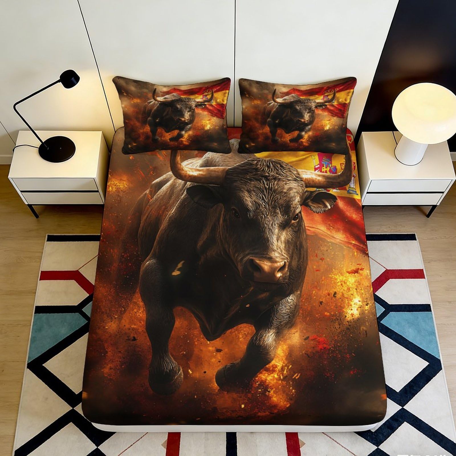3D Printed Fiery Bull Fitted Sheet Microfiber Soft Non-slip Spanish Flag Bed Cover for Bedroom Dorm Decor 90x200x25cm