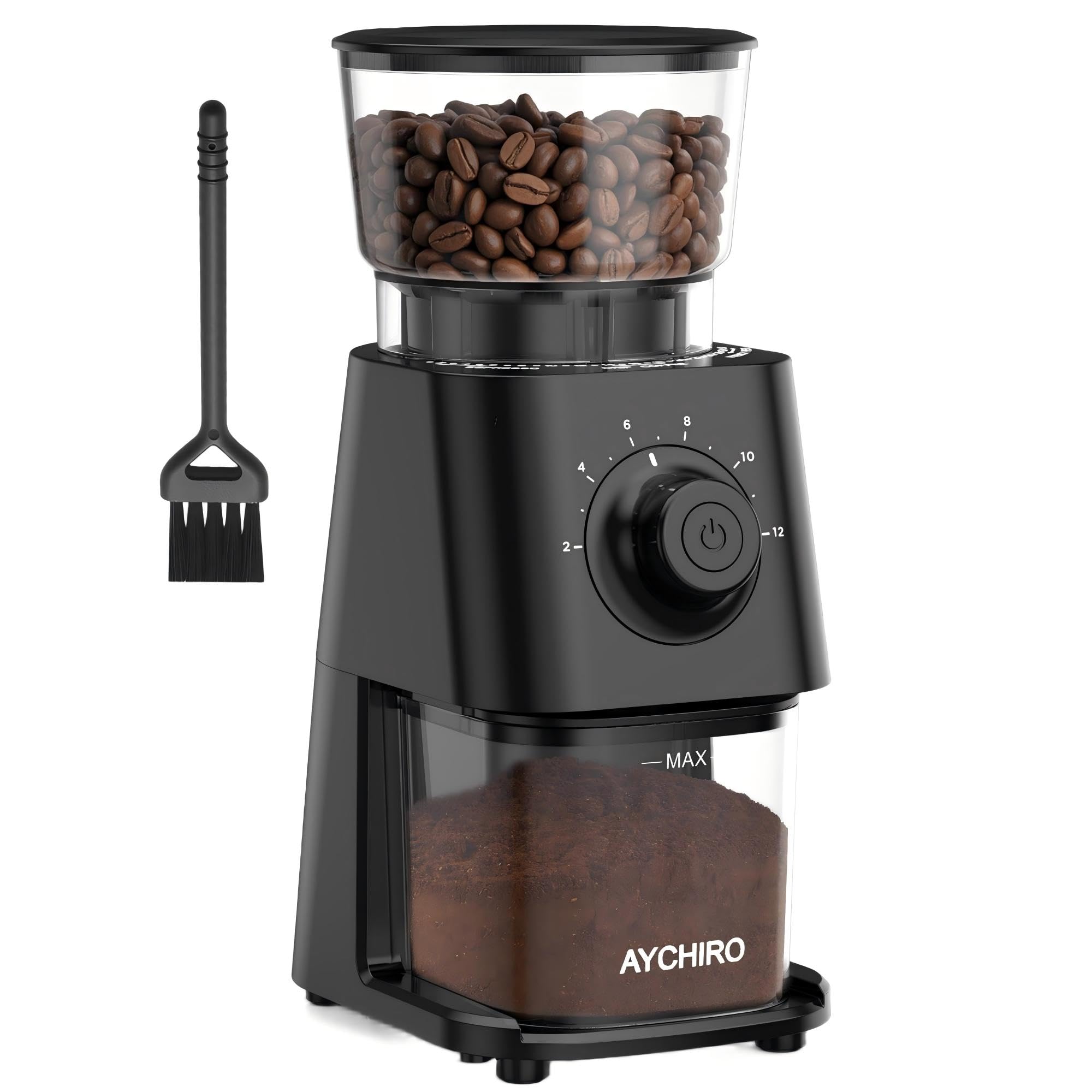 AYCHIRO Moulin à café électrique, moulin à café à usage domestique avec 30 réglages de broyage – Capacité pour 12 tasses expresso, filtré et américain, noir.