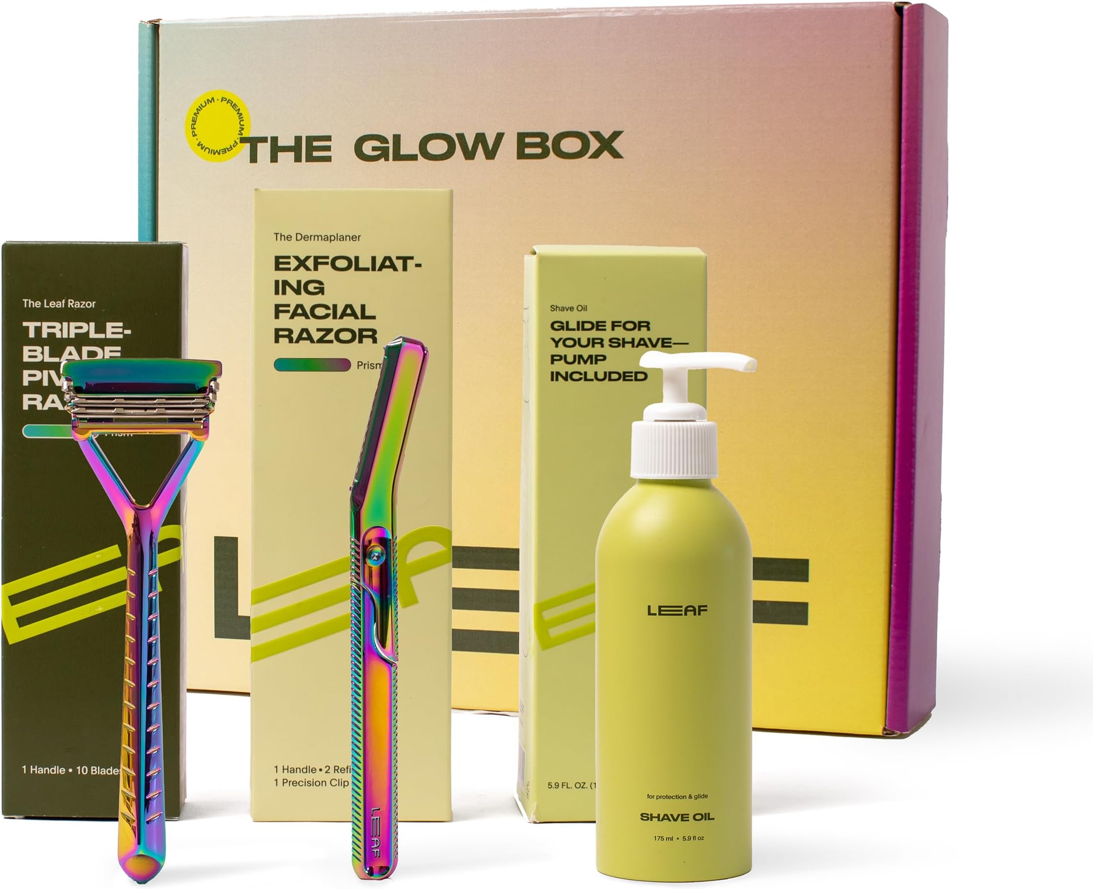 The Glow Box - Includes Prism Leaf Razor, Prism Dermaplaner, 175mL Shave Oil