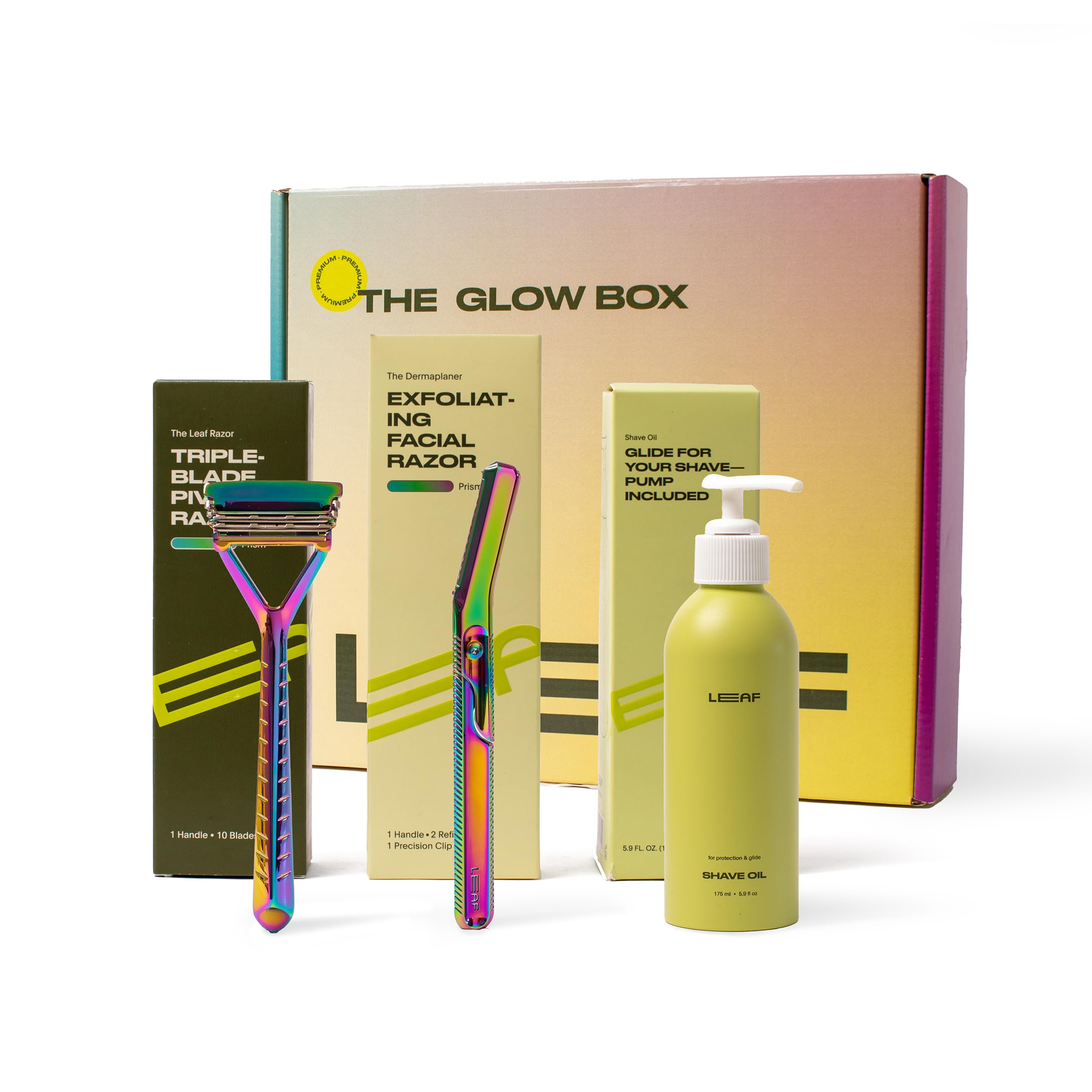 The Glow Box - Includes Prism Leaf Razor, Prism Dermaplaner, 175mL Shave Oil