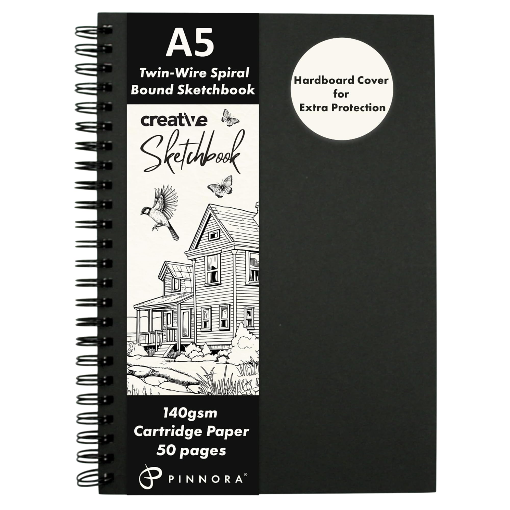 PINNORA Creative A5 Sketchbook (140GSM) - Black Hardcover Sketch Book with Thick Cartridge Paper | Twin-Wire Spiral Bound Sketch Pad, A5 Drawing Pad for Sketching - Art Book for All Ages (50 Pages)
