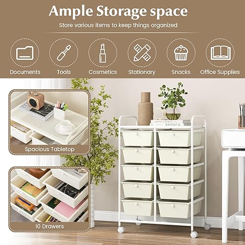 Miniatura 6 de RELAX4LIFE Carrito de almacenamiento de 10 cajones, organizador de arte con marco de metal marfil con ruedas bloqueables, carrito utilitario para