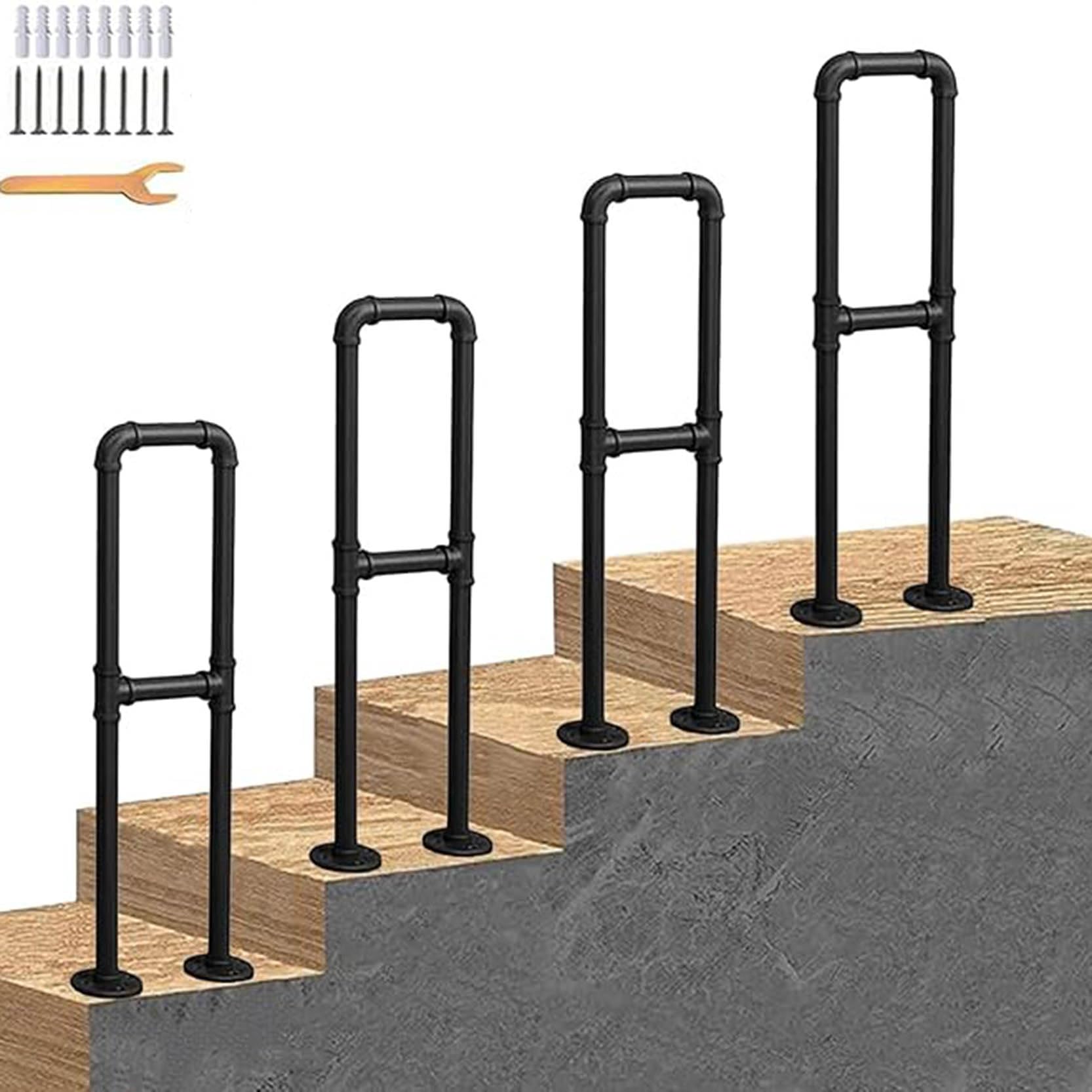Lqsybhd Black 4Pcs Hand Railings For Stairs, Outdoor Stair Handrails For Outside Steps, Wrought Iron Hand Rail Picket Single Post, Safety Handrail For Concrete Steps And Wooden Steps(Size:85cm/33.5Inch)