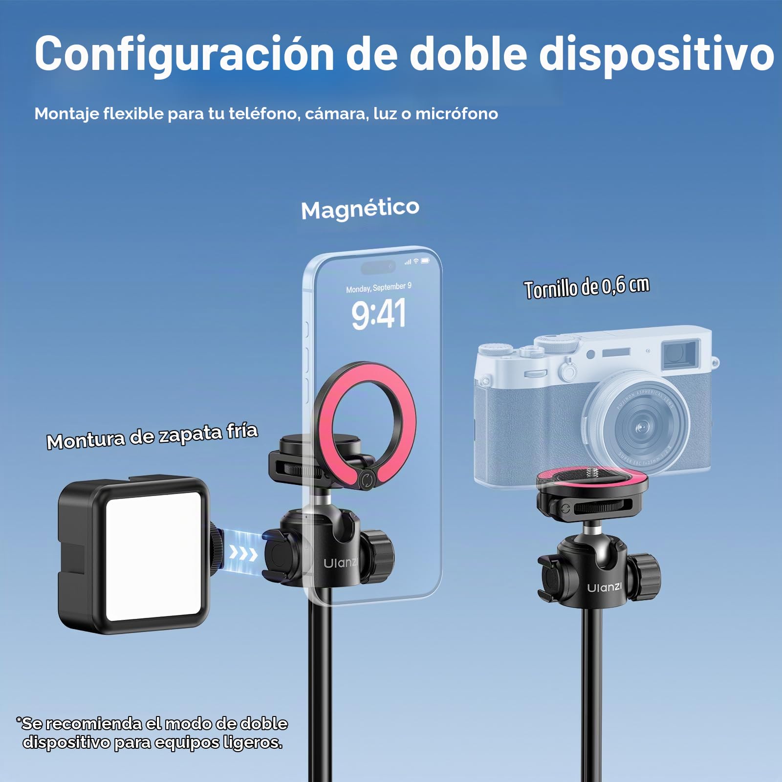 ULANZI MT44M Trípode Magnético de Apertura Automática para Móvil y Cámara, Palo Selfie de 150cm con Control Remoto, Soporte de Cuatro Patas, Tornillo de 1/4", Rótula Giratoria 360° para iPhone Android