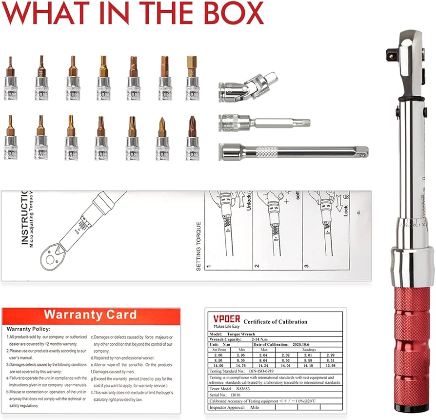 VPOER 18PCS Bike Torque Wrench Set,1/4-inch Drive Dual-Direction VPOER 18PCS Bike Torque Wrench Set,1/4-inch Drive Dual-Direction