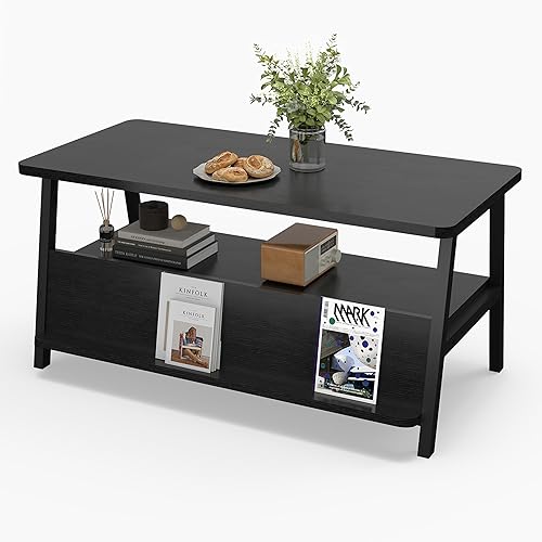 GOODONE Mesa de centro de 2 niveles para sala de estar, mesa de centro pequeña con estante de almacenamiento y estantería, mesa central para sala de