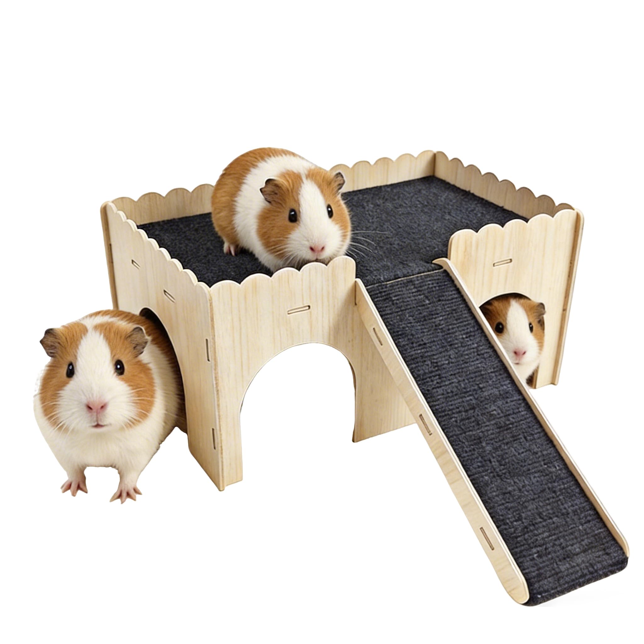 Casetta in legno per porcellini d'India con rampa e castello, 4 ingressi, nascondiglio per piccoli animali, scala rimovibile e morbido cuscino per criceti, ricci, ratti, 38 x 25 x 18 cm