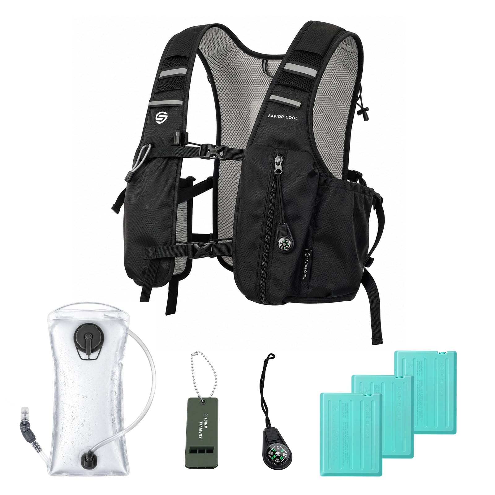 Kühlende Laufweste mit Trinkblase 2L, 10L Trinkrucksack, 3 Kühlpacks, 180 Min Kühlsystem, Reflektierend, für Damen und Herren | 2 l Wasserblase, 3 Kältequellen