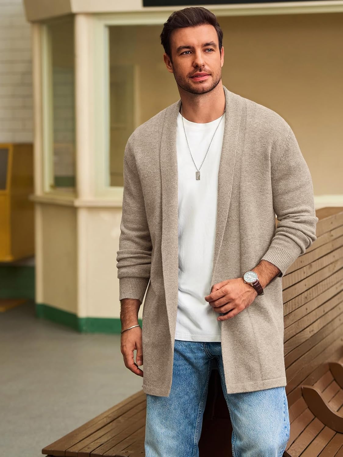 Runcati Mens Long Cardigan Sweater Casual Ruffle Shawl Collar Open Front Cardigan Knit Drape Cape Winter Sweaters - Image 2