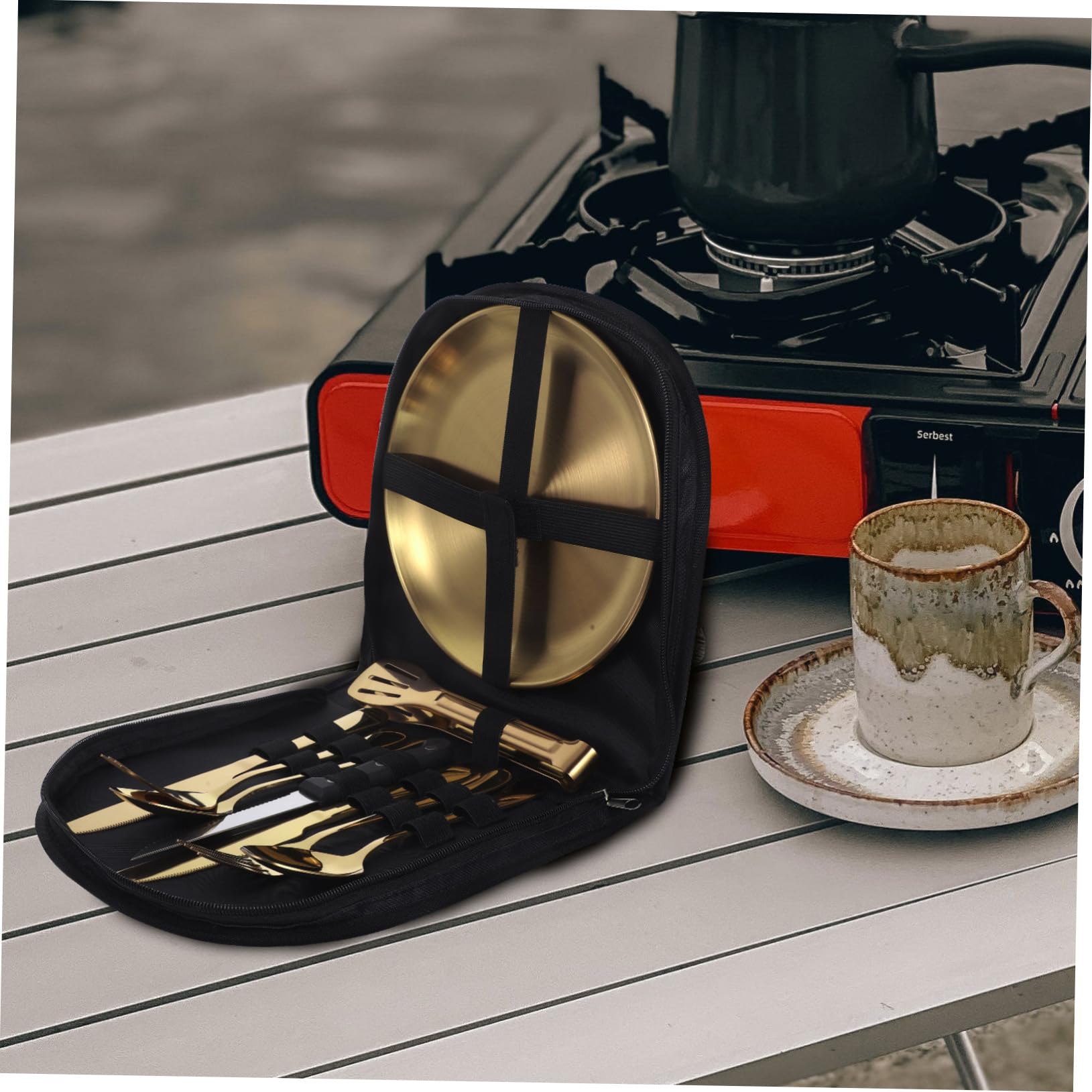 Campingbesteckset aus Edelstahl mit Tragetasche Leicht zu Reinigen und Tragbar für Outdoor Camping und Picknick