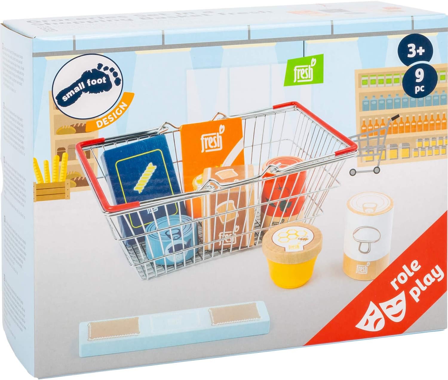 Small Foot Wooden Toys Children's 9 Piece Grocery Shopping Basket Fresh Playset Designed for Children Ages 3+ Years, Multicolor