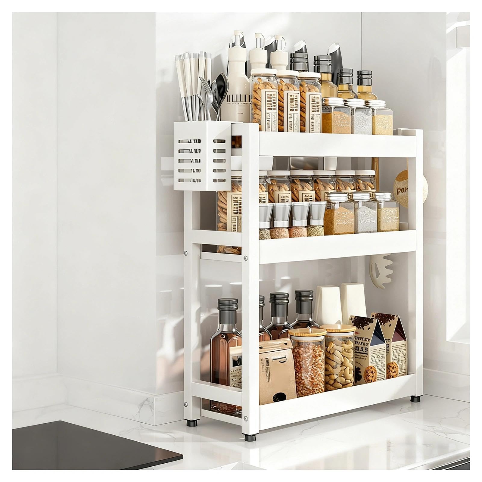 GLJTUO 3-Tier Spice Rack - Standing Desktop Storage Shelf with Hooks & Utensil Holder - Kitchen & Bathroom nization - White, 50cm Countertop Solution for Pantry Storage (White 3,White-3 Tier-35cm