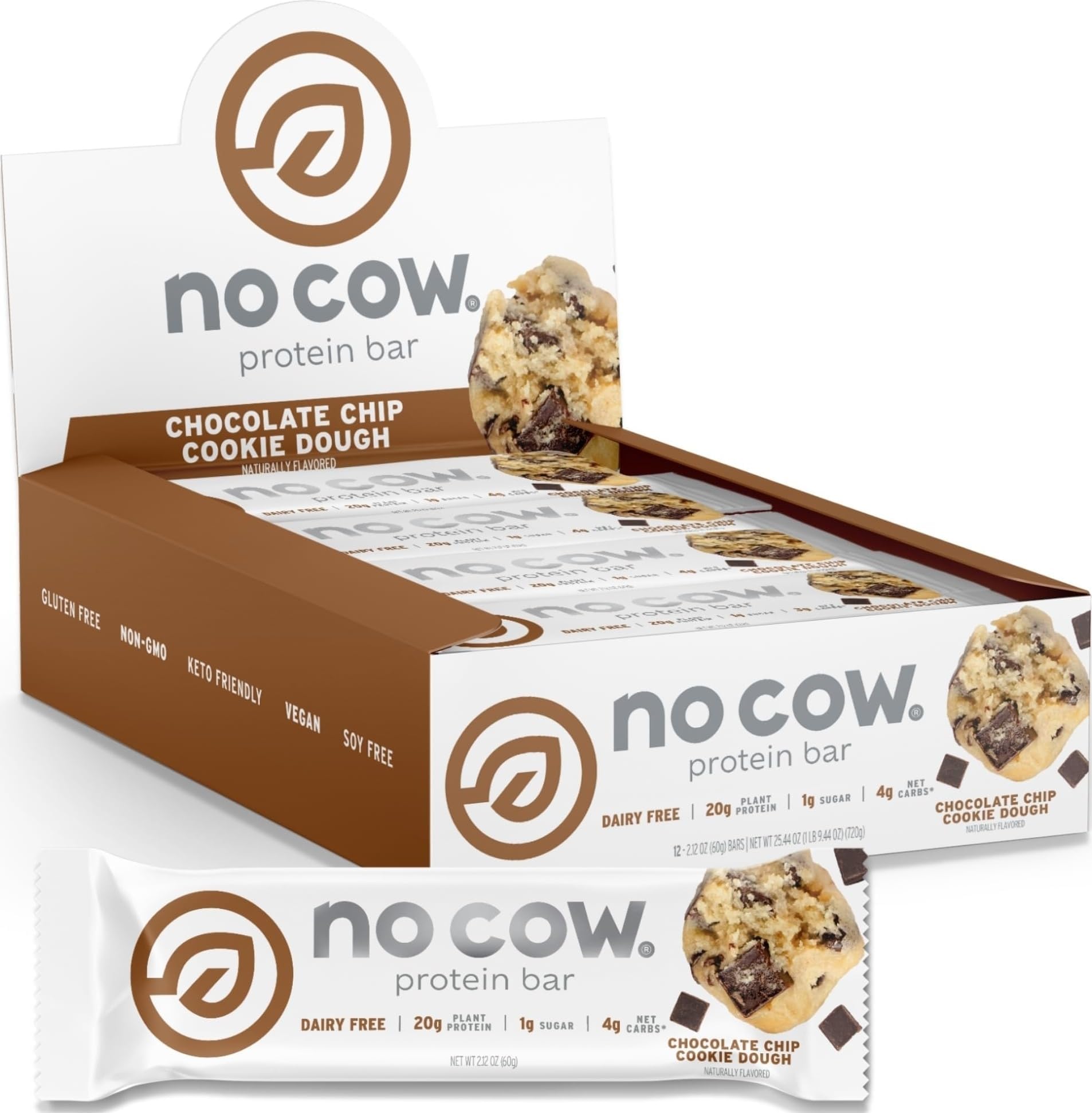 No Cow Chocolate Chip Cookie Dough Vegan Protein Bars, 12 Pack | 20g High Plant-Based Protein, High Fiber, Low Sugar, Gluten-Free, Dairy-Free, Soy-Free, Keto-Friendly Snack Bars