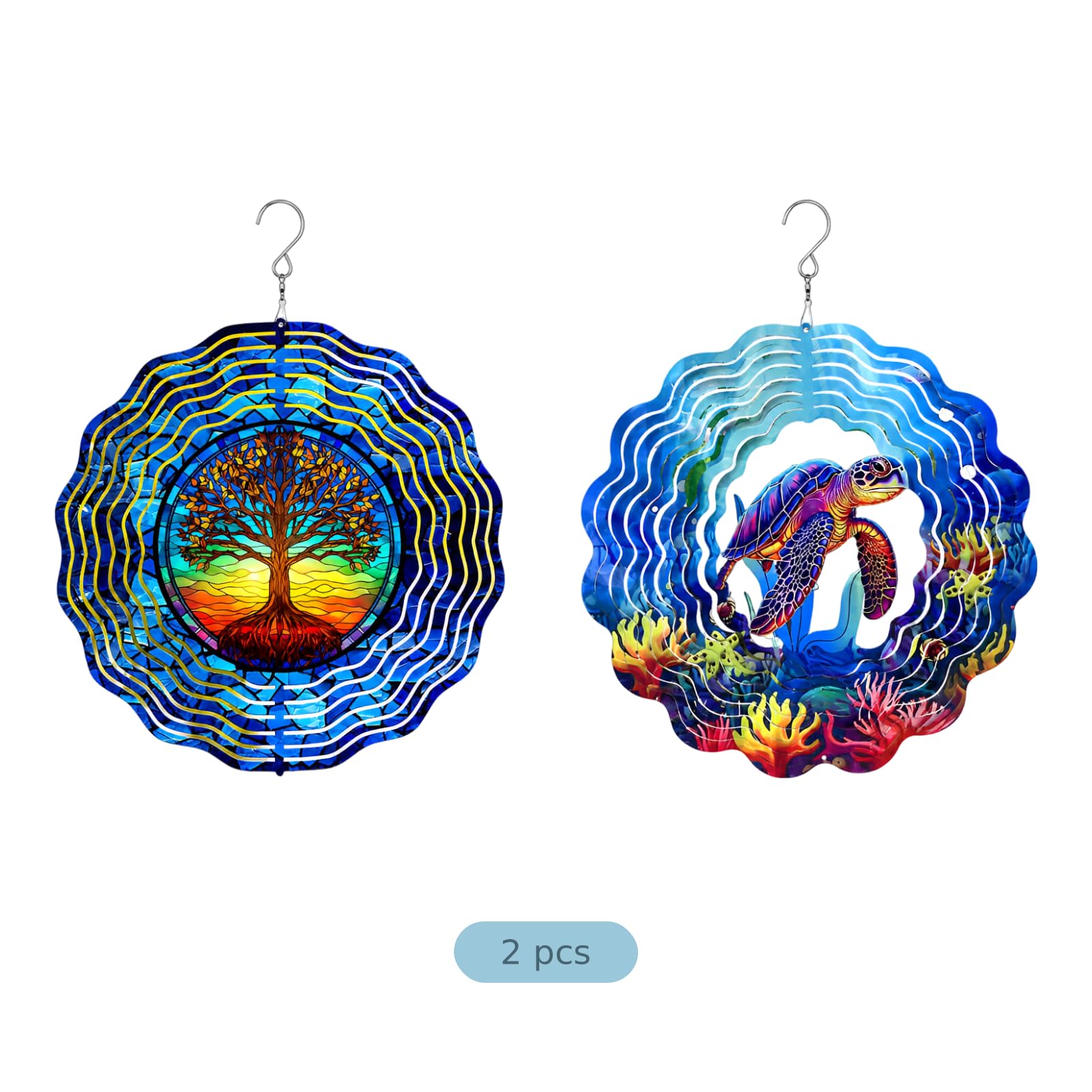 2 STK. 11,8 Zoll Garten Wind Spinner für draußen, 3D mehrlagiger Edelstahl Windspinner mit Baum des Lebens und Meeresschildkröte, Drehdeko für Terrasse, Veranda, Balkon, Garten