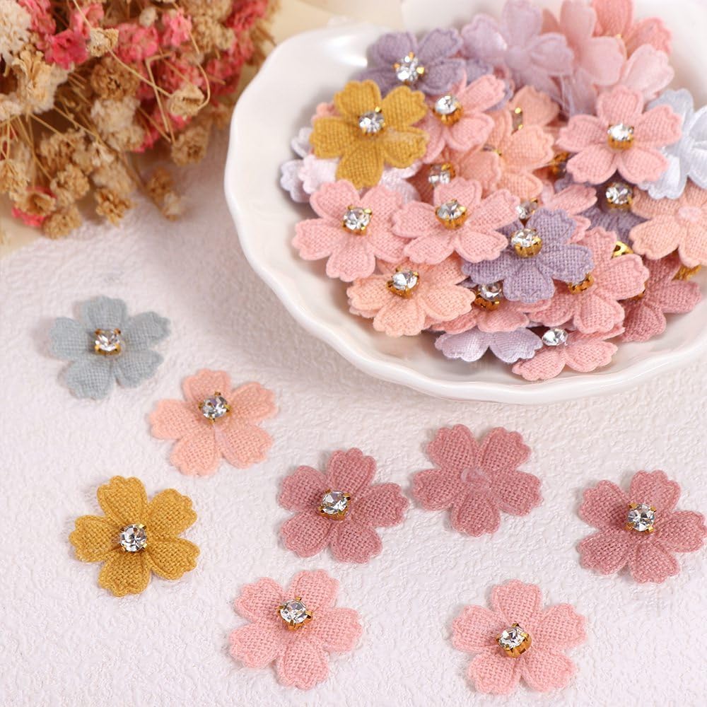 100 Pcs Mini Flower with Rhinestone Applique Artificial Silk Flowers Embellishments for DIY Clothes Hat Sewing Patches Hair Clips Bow Decor