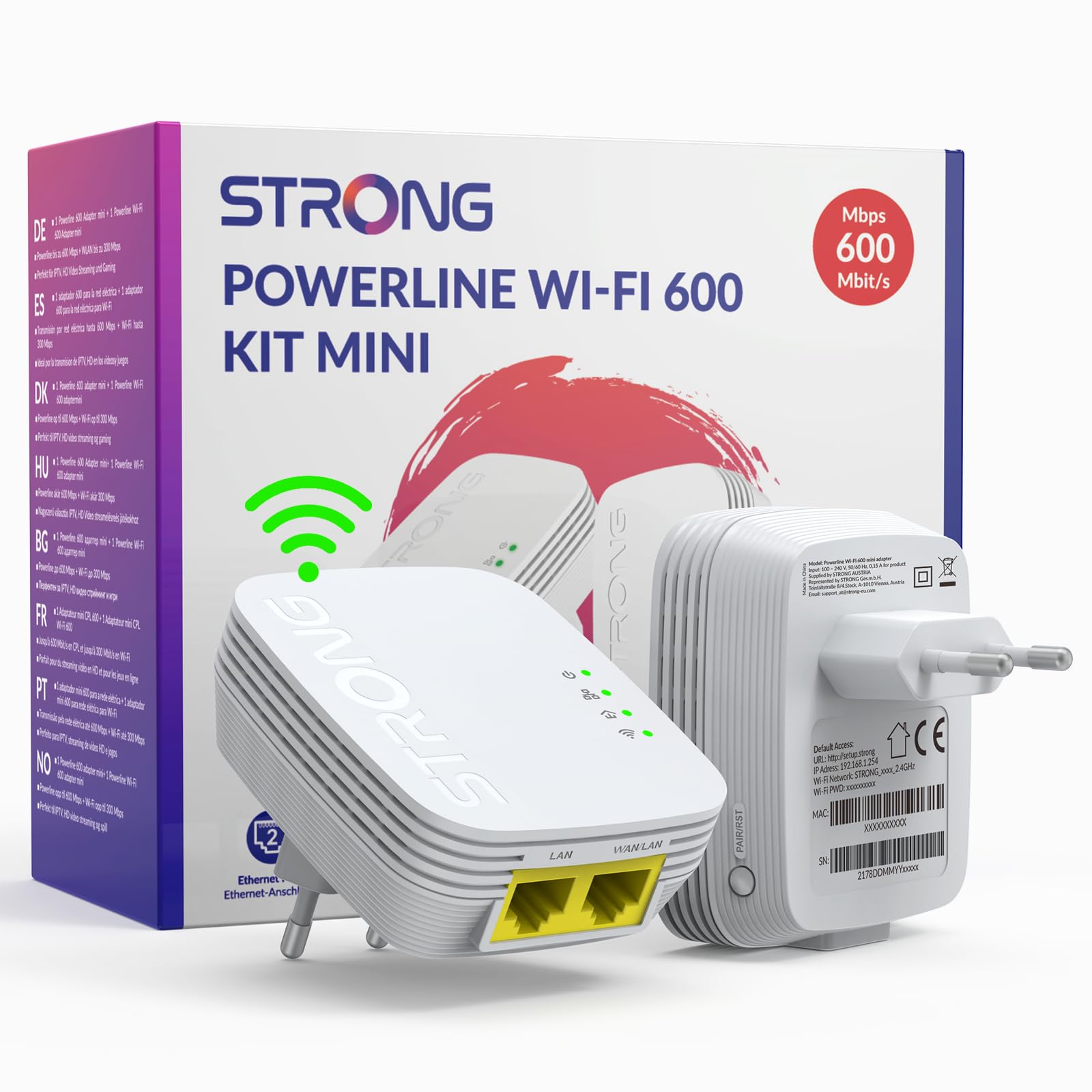 STRONG - Powerline Wifi 600 Duo Mini - 2 Adattatori 600 Mbps/Wifi 300 Mbps - Compatibile con Tutti i Modem/Router - Ethernet - Installazione rapida - Bianco