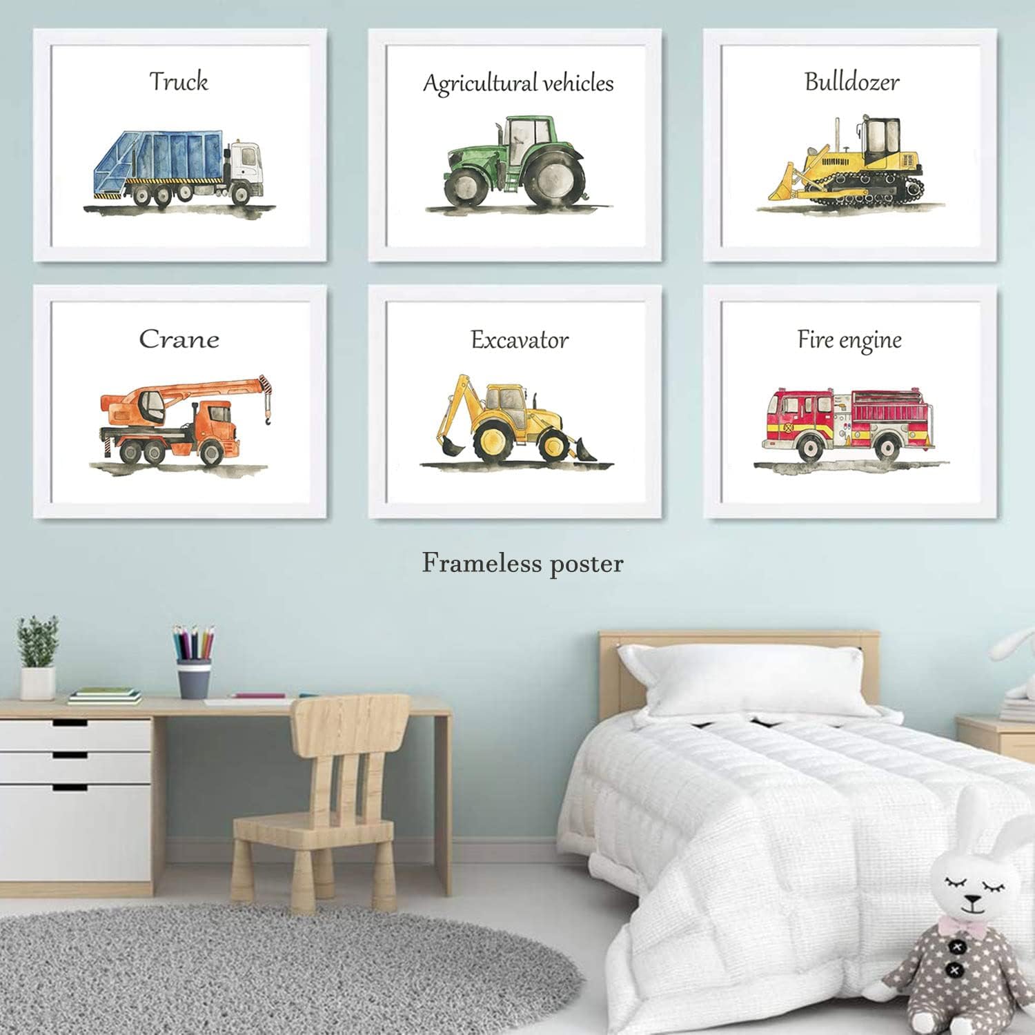 5er Set Leinwandbilder Kinderzimmer – Vintage Fahrzeuge Flugzeug, Zug, LKW, 30x40cm, Wanddekoration Jungen