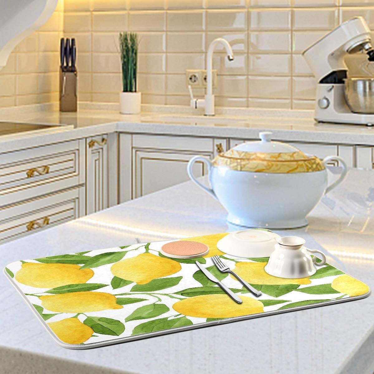 Lemon Yellow Tree Dish Drying Mat for Kitchen, Absorbent Microfiber Drying Pad Dish Mat, 16" X 18"