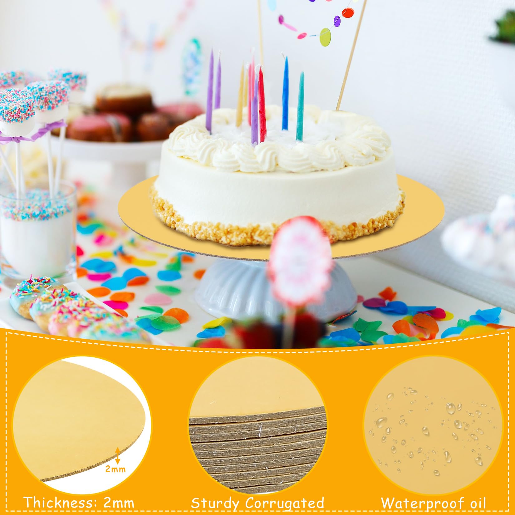 Tenbrachian 10 Pcs 8 Inch Round Cake Boards, Gold Cake Base Boards, Cut Edge Round Cakes Cards for Cakes Display and Transfer(Gold) - Image 3