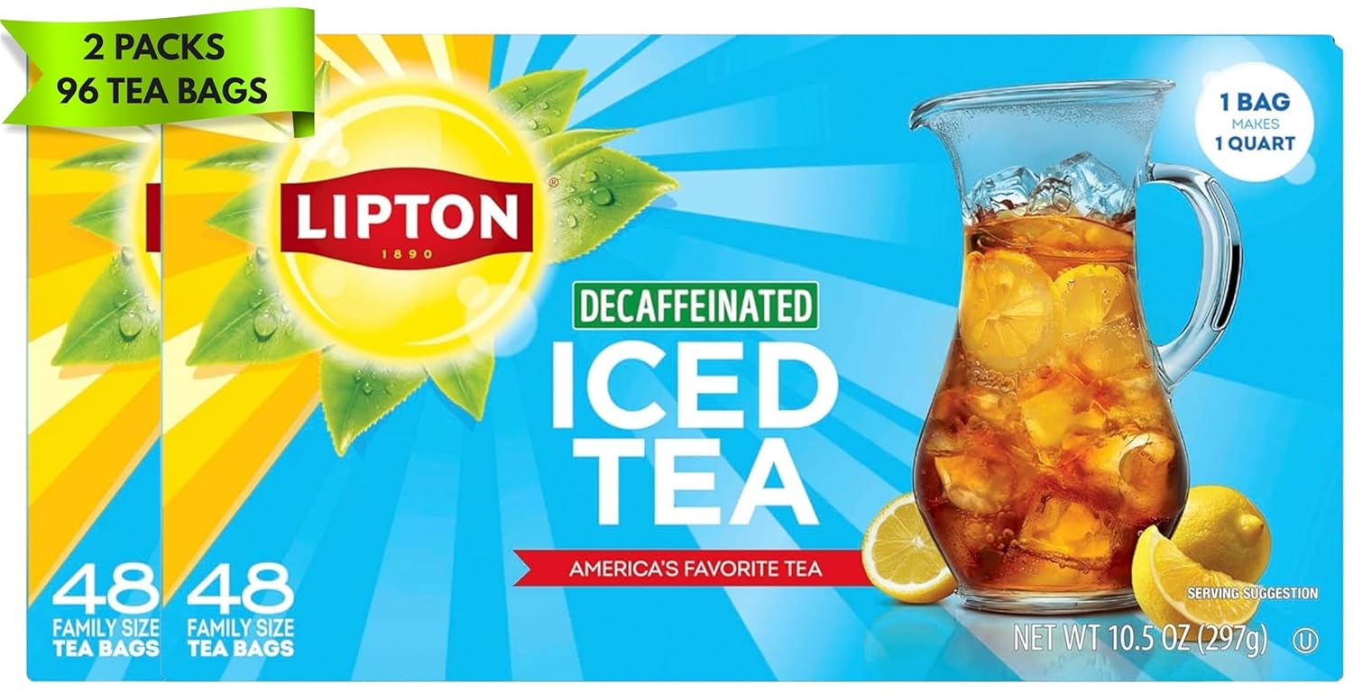 Lipton Decaf Black Iced Tea Bags, Family Size, Zero Calories, 48 Count (Pack of 2) – 96 Total Tea Bags, Decaffeinated Iced Tea